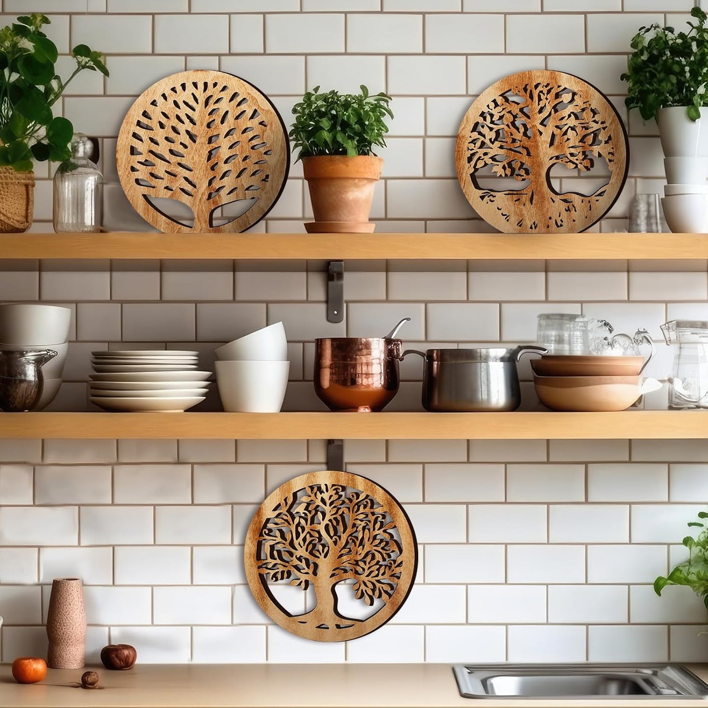 3 Pcs Life Tree Wooden Trivets for Hot Dishes 8 Rustic Round Tree Trivet Set Hot Plate Holders Heat Resistant Polite Trees Coasters for Table Dishes Pots and Pans(Light Wood Color)