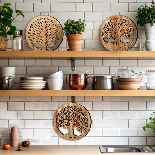 3 Pcs Life Tree Wooden Trivets for Hot Dishes 8 Rustic Round Tree Trivet Set Hot Plate Holders Heat Resistant Polite Trees Coasters for Table Dishes Pots and Pans(Light Wood Color)