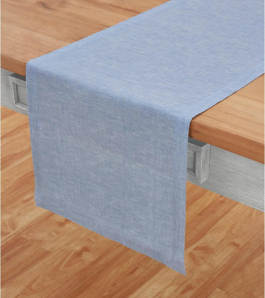 Solino Home Linen Table Runner 144 Inches Long - Athena, 100% Pure Linen Chambray Blue 14 x 144 Inch Table Runner for Dining, Christmas