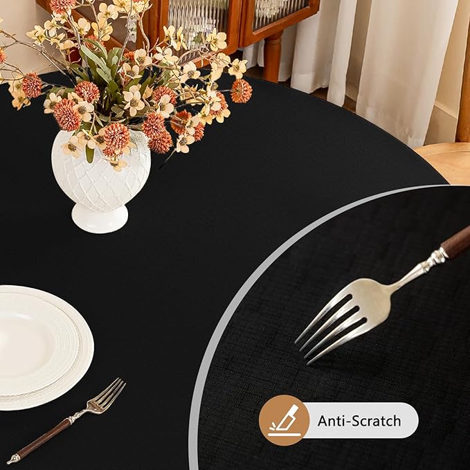 Fabric 60 Inch Black Round Table Cloth, Faux Linen Textured Stain Resistant & Wipeable Circle Tablecloth, Washable for Dinning Kitchen Party