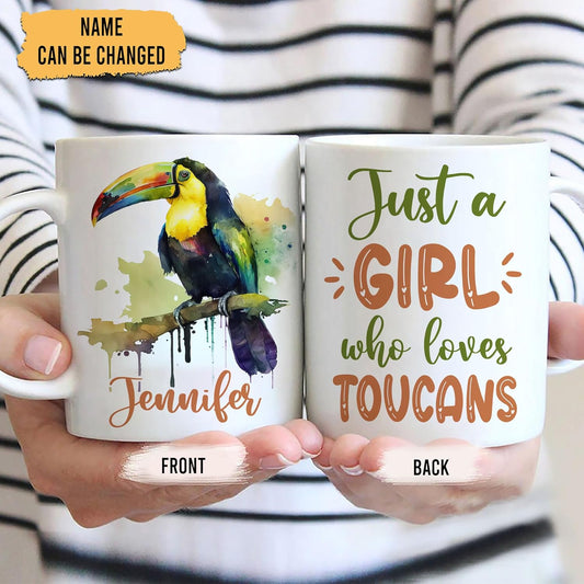 Hyturtle Personalized Gifts Toucan Lover - Just A Girl Who Loves Toucans Custom Name Ceramic Coffee Mug Cup 11oz - Idea Cute Animal Lover Gifts For Women, Girl Daughter On Birthday, Christmas