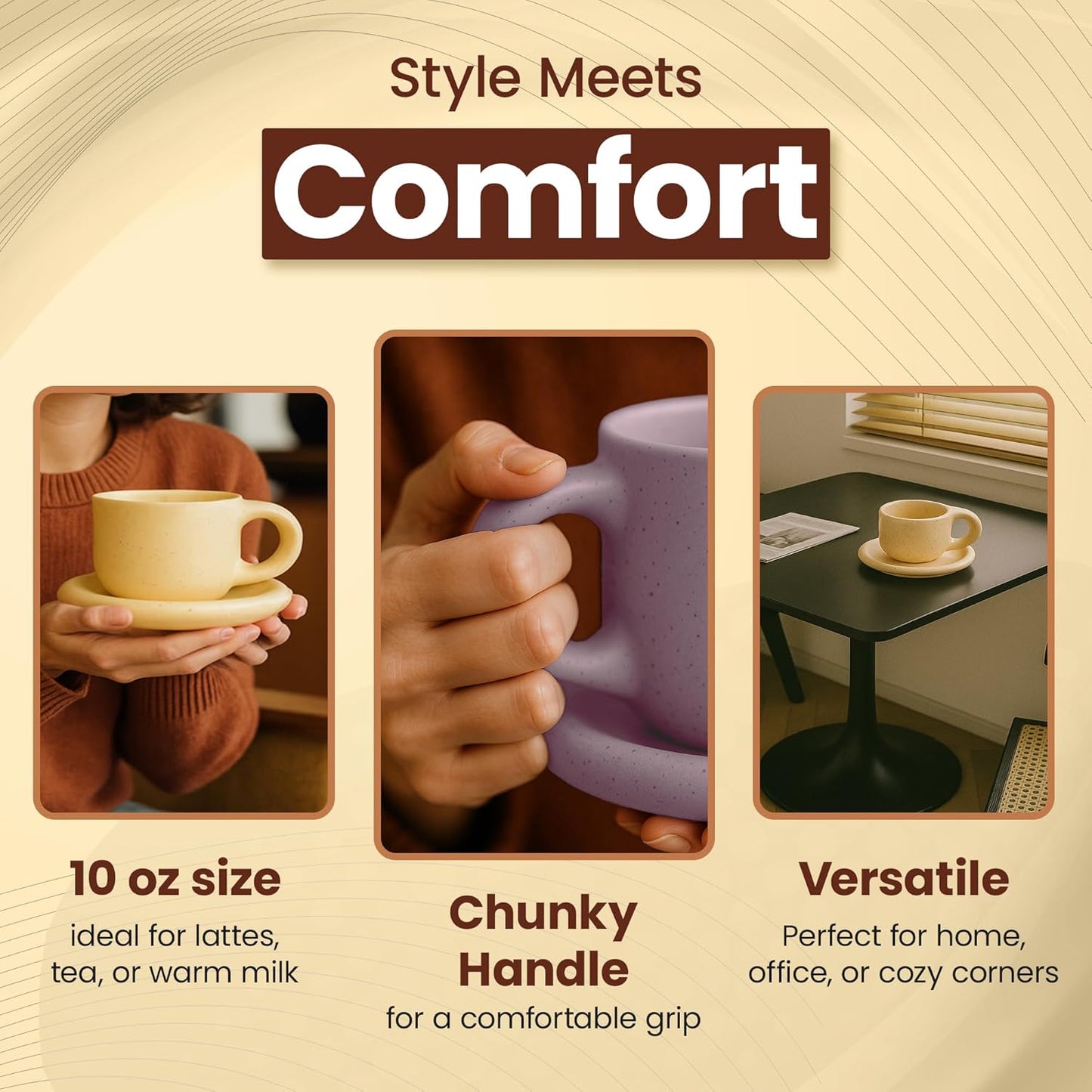 10oz Nordic Ceramic Coffee and Tea Mug – Cute Cup and Saucer Perfect for Coffee Lovers Gifts and Kitchen Essentials (Beige)