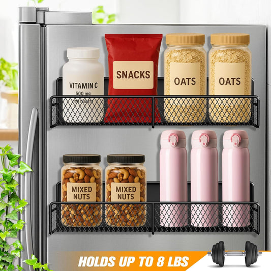 Magnetic Spice Rack for Refrigerator, 2 Pack Magnetic Shelf for Fridge with 4 Hooks, Black Magnetic Shelves, Organization and Storage Kitchen, Magnet Shelf for Fridge, Cabinet Organization