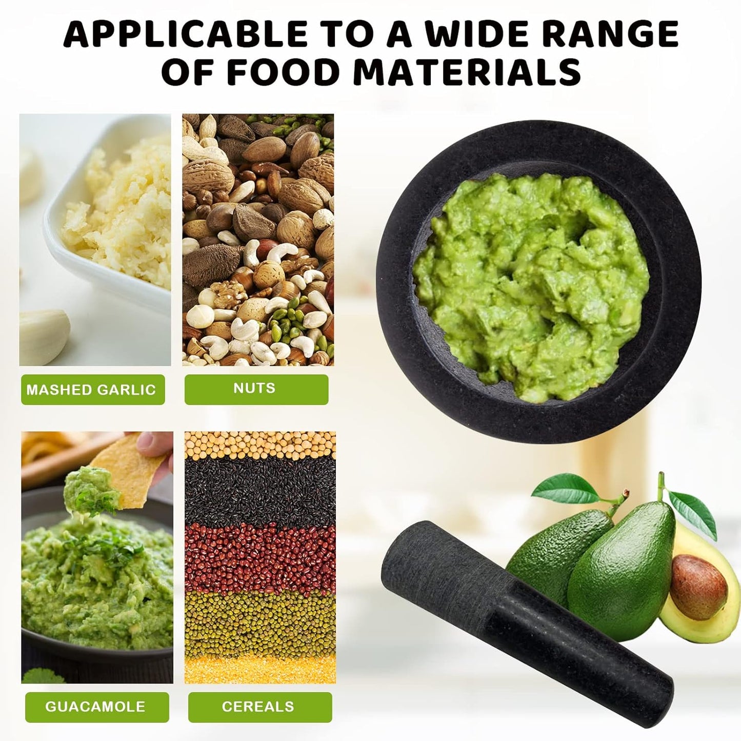 Mortar and Pestle Set,Heavy Duty,Unpolished Granite,6Inch-2Cup Capacity,Grinder for Spices and Seeds,Grinding,Crushing and Mashing Spices,Nuts,for Guacamole,Garlic Sauce,Black..