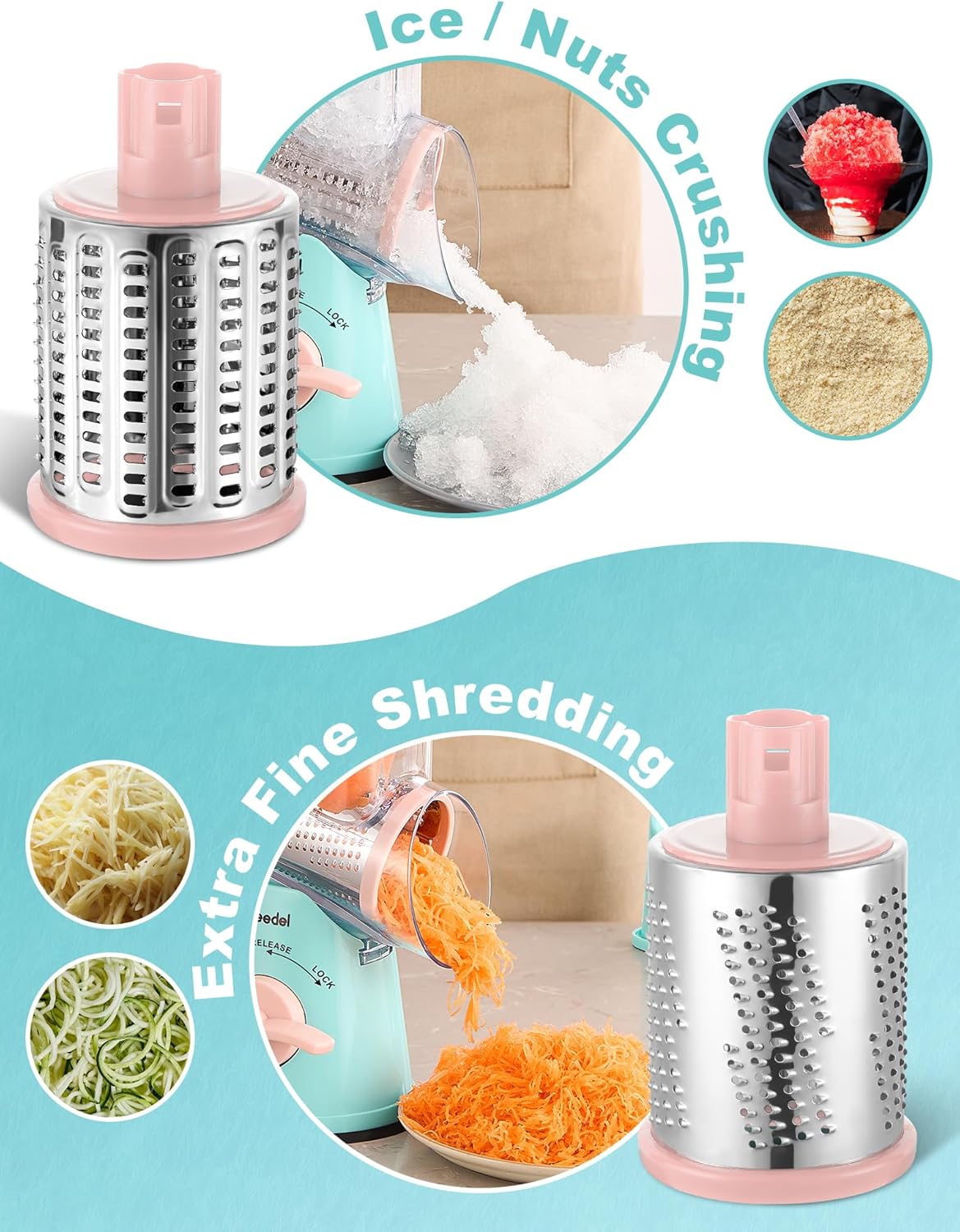 Geedel Rotary Cheese Grater Cheese Shredder - Upgraded 5-in-1 Cheese Grater with Handle and Strong Suction Base, Multi-purpose Vegetable Slicer Ice Shaver Nuts Grinder for Ice, Vegetables, Fruit, Nuts