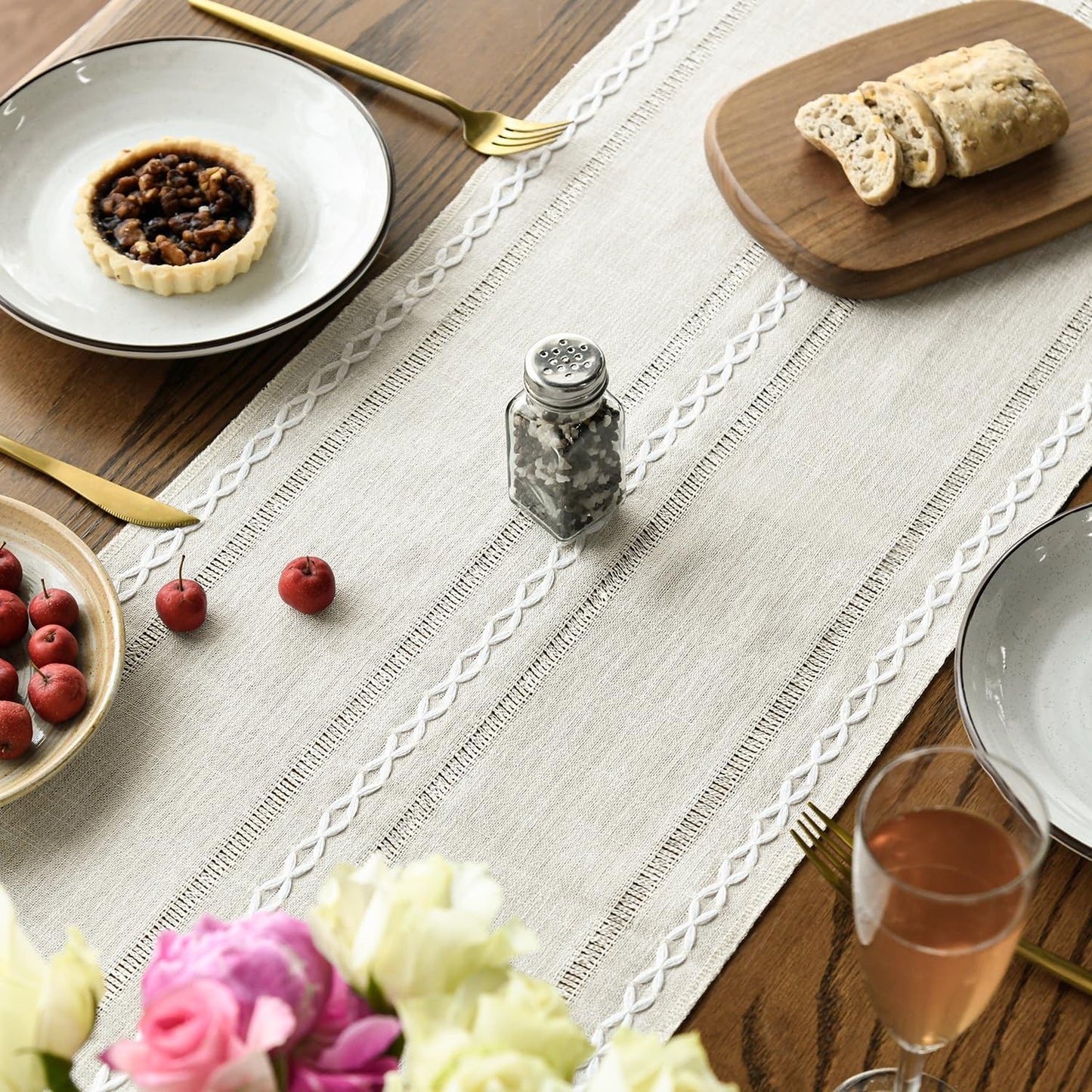 Artoid Mode Beige Rustic Cotton Linen Table Runner, Seasonal Embroidered Hollow Kitchen Dining Table Decoration for Home Party Decor 13x36 Inch