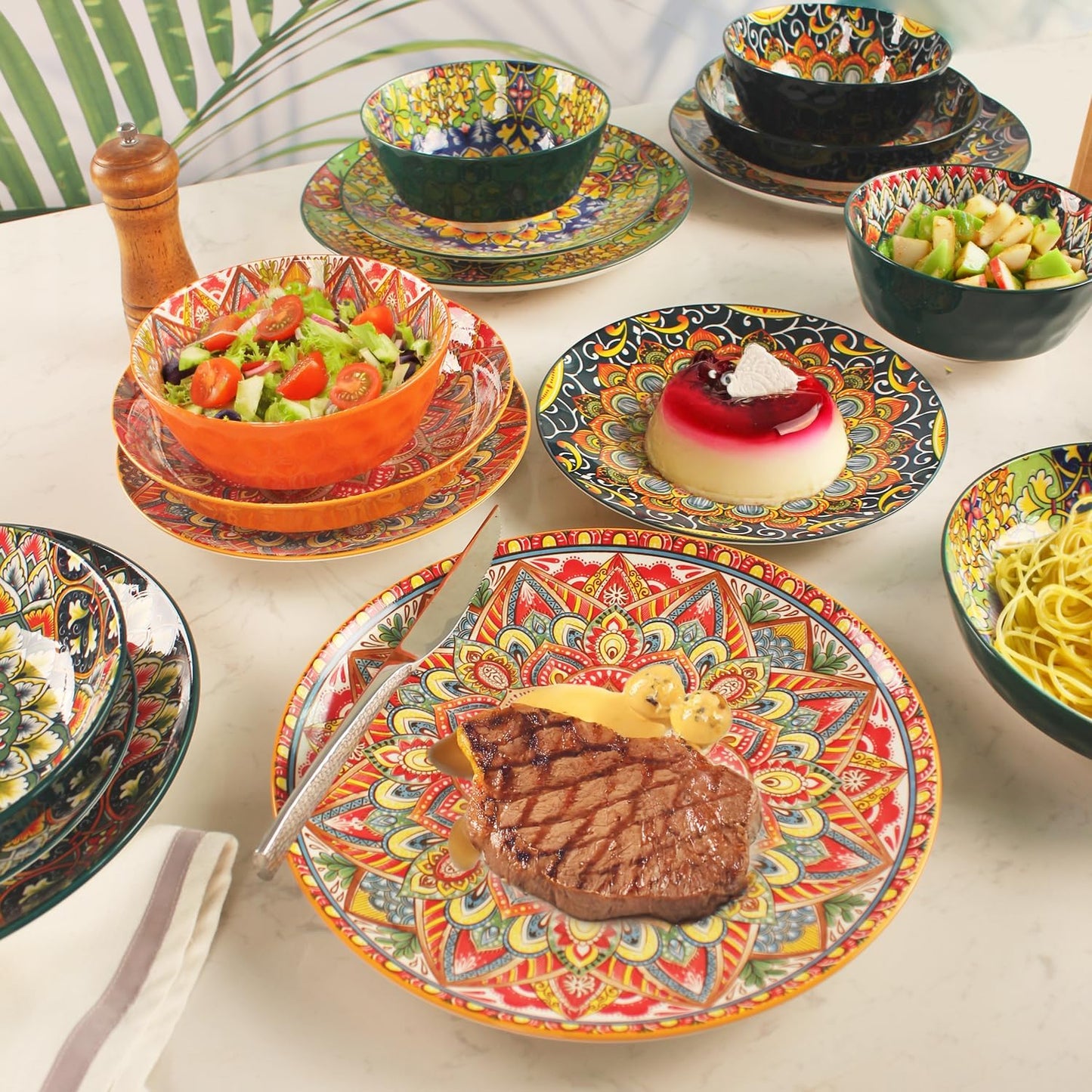 Mandala Dinnerware Sets, Plates and Bowls Set, Porcelain Dishes Service for 4, Zanzibar, Bohemian Style Dining Ware, for Kitchen and Dining Multicolor Dinnerware Set, Colorful No.1