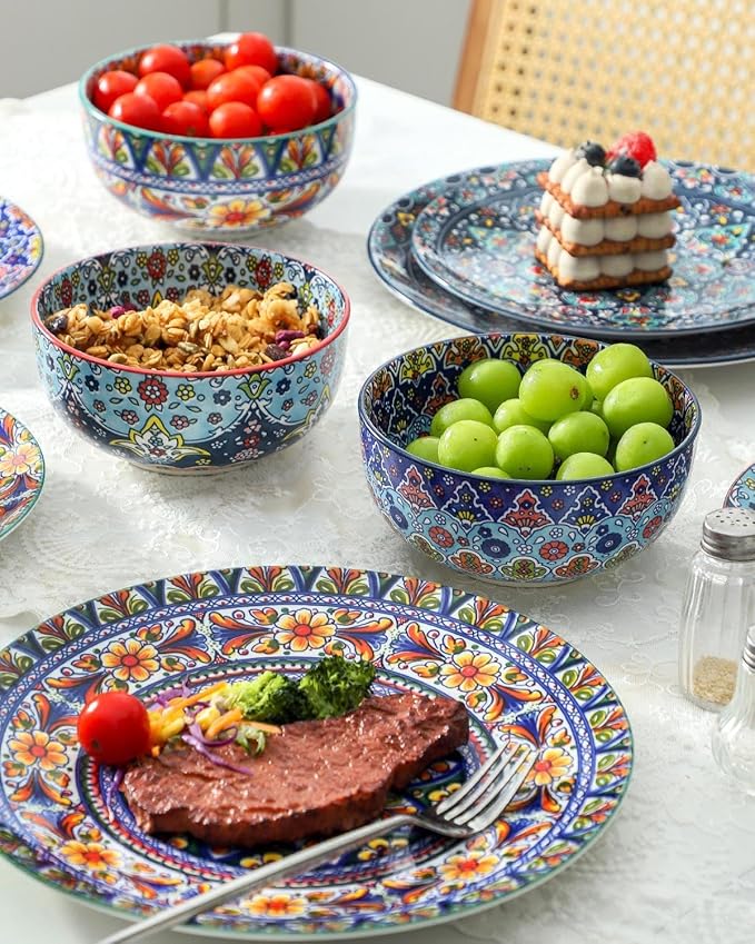 glowworm Bohemian Dinnerware Sets, Ceramic Dishes Set for 4, 12 Pieces Plates and Bowls Set, Oven, Microwave & Dishwasher Safe, Scratch Resistant