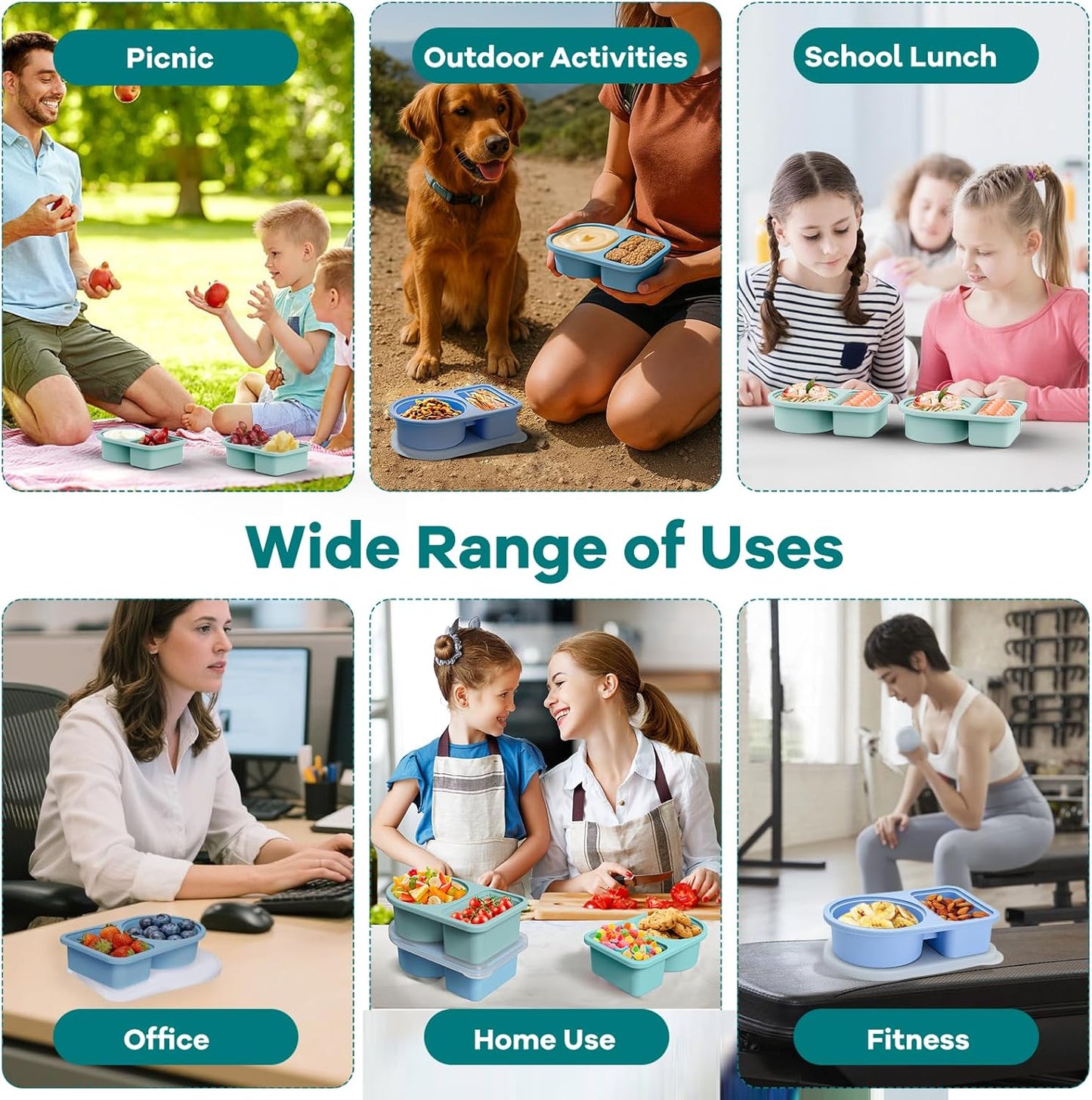 Silicone Snack Containers with Semi-Transparent Lids 4 Pack, Reusable Double Compartment Snack Container for Salad, Condiment, Sauce, Small Leakproof Snack Box for School, Travel