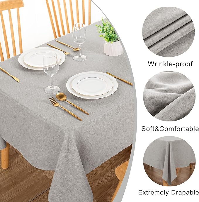 DWCN Rectangle Faux Linen Tablecloth - Textured Waterproof Spill-Proof Wrinkle and Stain Resistant Table Cloth Decorative Fabric Farmhouse Table Cover for Kitchen Dining, 52 x 70 Inch, Light Grey
