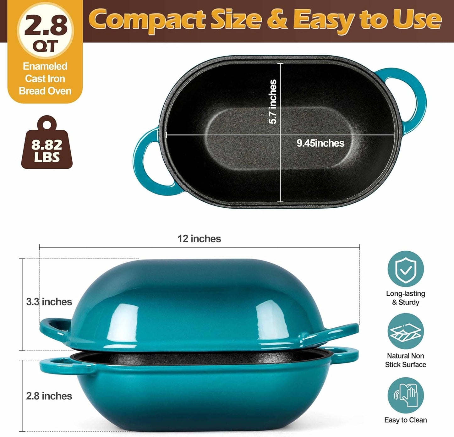 Homikit Enameled Cast Iron Dutch Oven for Bread Baking, 2.8 QT Oval Bread Oven Pot with Lid, Sourdough Loaf Iron Dutch Oven Pan for Roasting Cooking, Dark Green & Heavy Duty