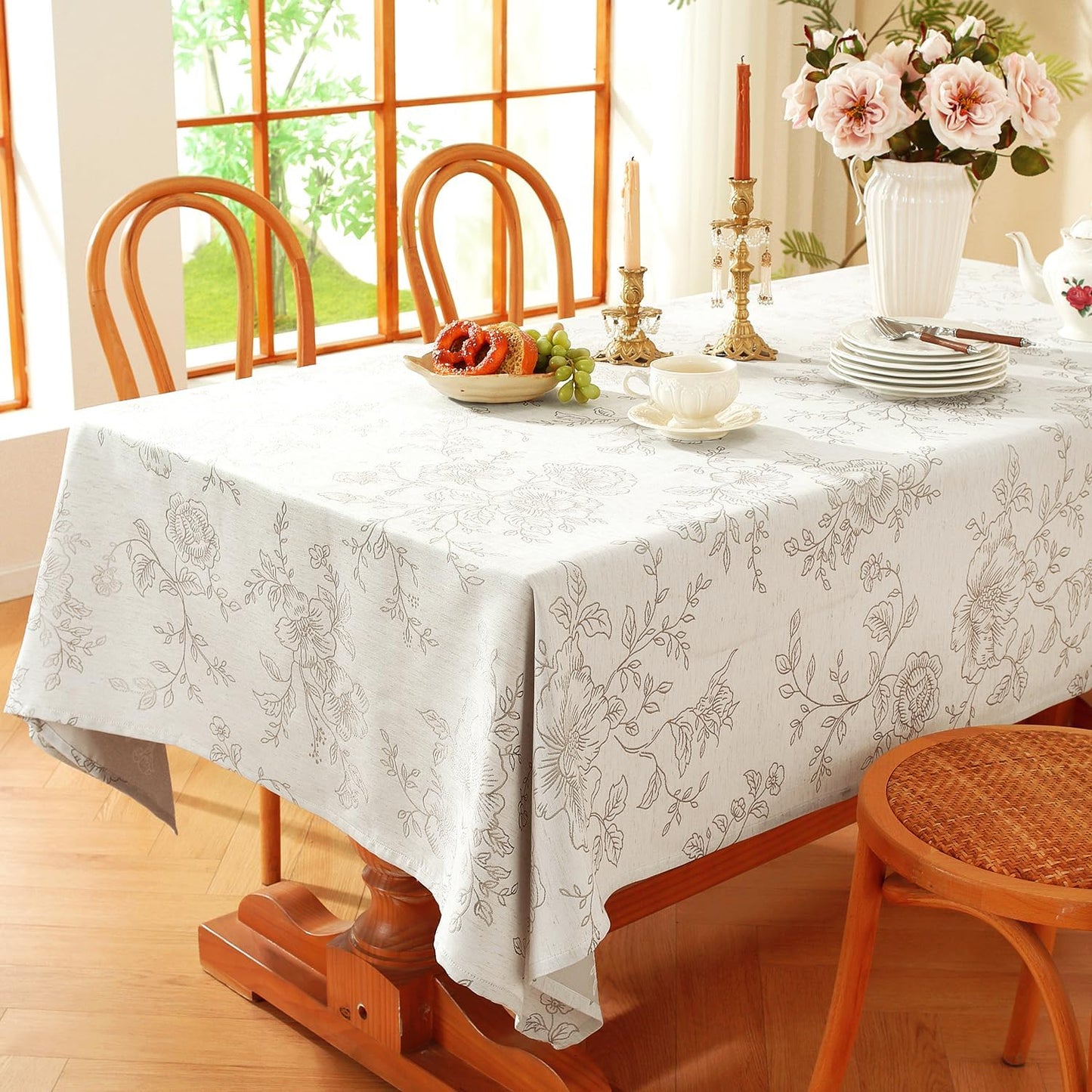 Chassic Premium Vintage Farmhouse Damask Floral 60 x 84 inch Rectangle Table Cloth – Water Resistant Linen Textured Jacquard Tablecloth for Kitchen Dining & Picnic Decor - Beige