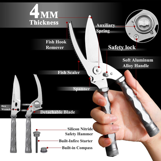 WILDMOK Heavy Duty Poultry Shears - 8.5 Inch Multi-function Stainless Steel Poultry Outdoor Shears, Ultra Sharp Kitchen Scissors for Outdoor Camp, Grey