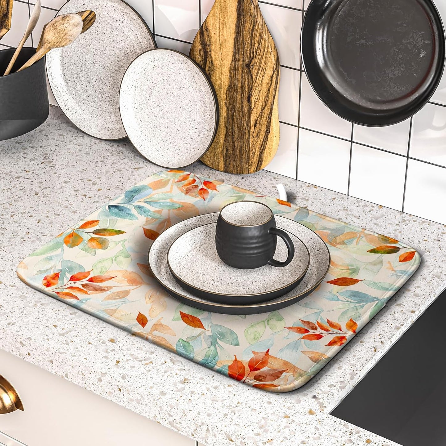 Fall Eucalyptus Dish Drying Mats 16x18 In, Orange Green Gradient Color Plant Leaves Autumn Absorbent Microfiber Fast Dry Dishes Mat Hanging Drainer Pad Kitchen Accessories
