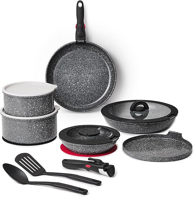 ROSSETTO 16pcs Aluminium Nonstick Pots and Pans Set from France with detachable Handle, Stackable, Ceramic RV Kitchen Cookware Sets Removable Handle, PFOA and PTFE Free, Oven Safe, Induction