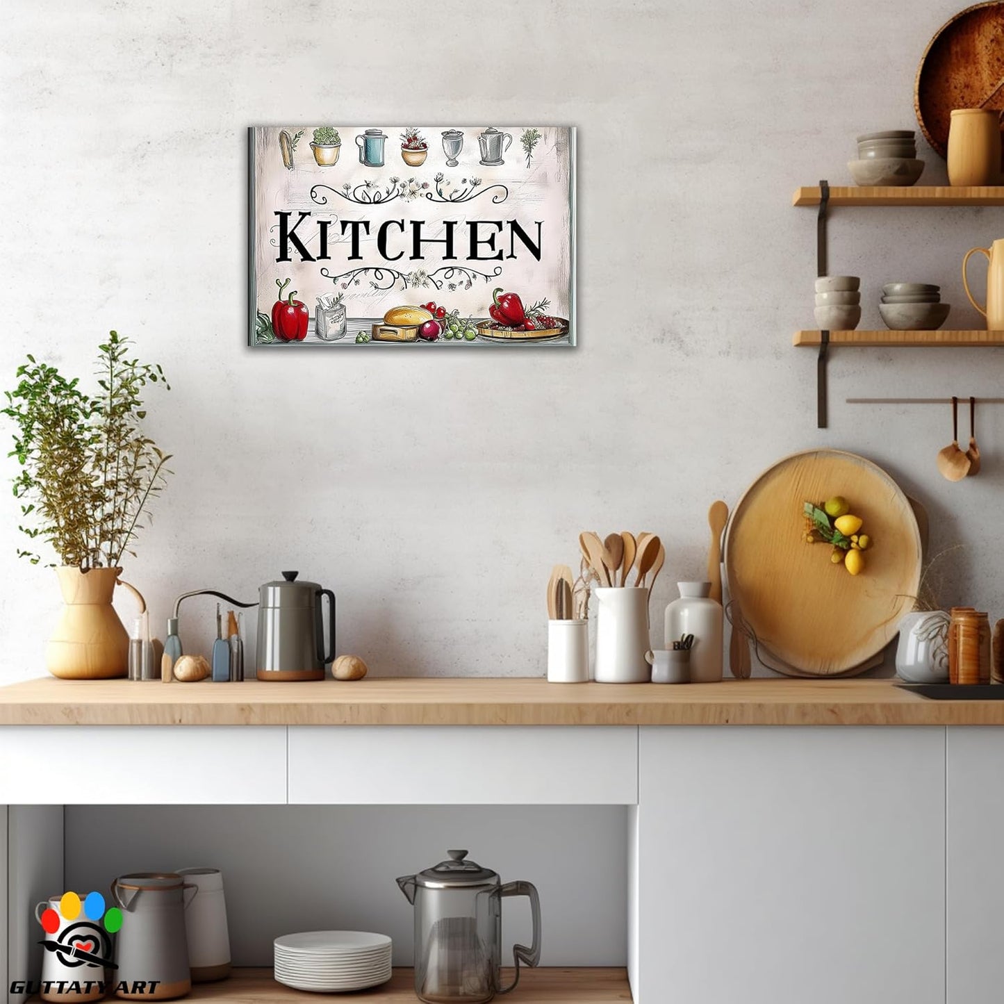 GUTTATY Kitchen Pictures Wall Decor, Farmhouse Wall Art Decor Colorful Vegetables and Flowers Painting for Dinning Room Restaurant Decor, Mother's Day Gift for Grandma Mom Hanging Artwork 12×18 Inch