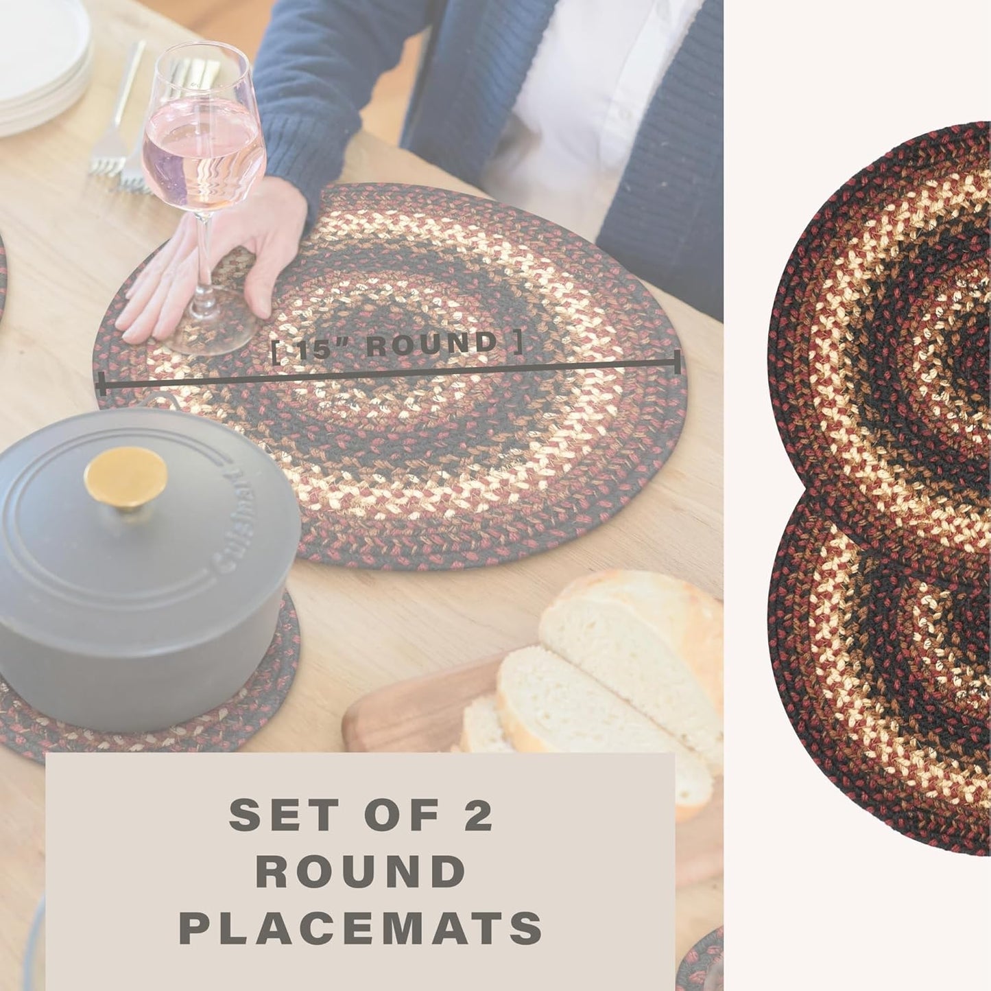 Prescott Round Braided Placemats, Country Primitive Decor, Set of 2, 15", Black and Red Jute Table Mats - Vibrant Colors, Durable, Easy to Clean and Protects Furniture