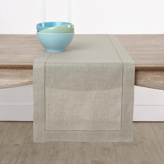 Solino Home Linen Natural Table Runner 132 Inches Long - 100% Pure Linen Extra Long Table Runner 14 x 132 Inch for Fall, Autumn, Thanksgiving, Christmas - Classic Hemstitch