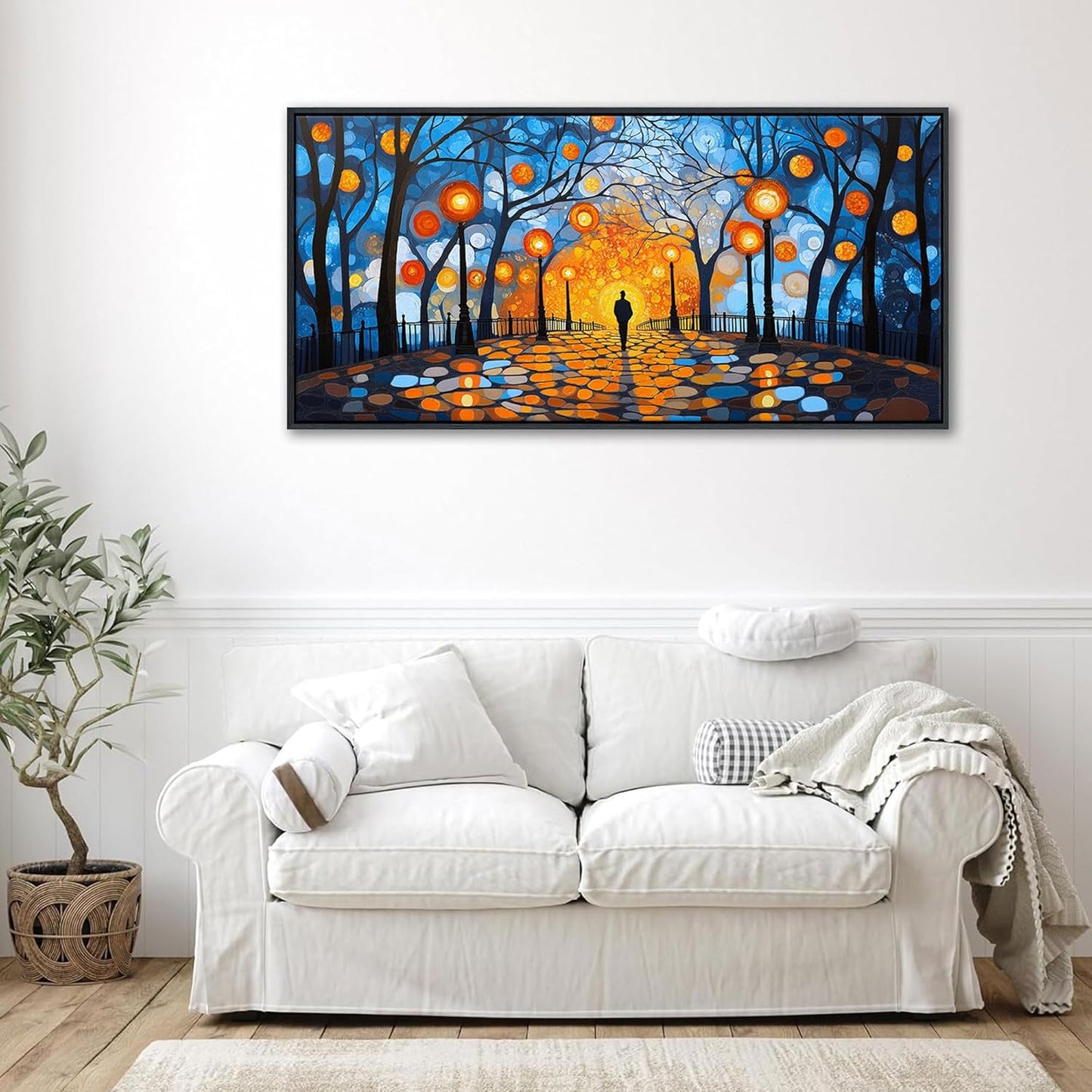 QZQCBLC Blue Canvas Wall Art, Abstract Night Scene Street Lights Wall Pictures Orange Halo Framed Paintings Trees Landscape Artwork for Living room Bathroom Bedroom Home Office Decor 20x40 IN