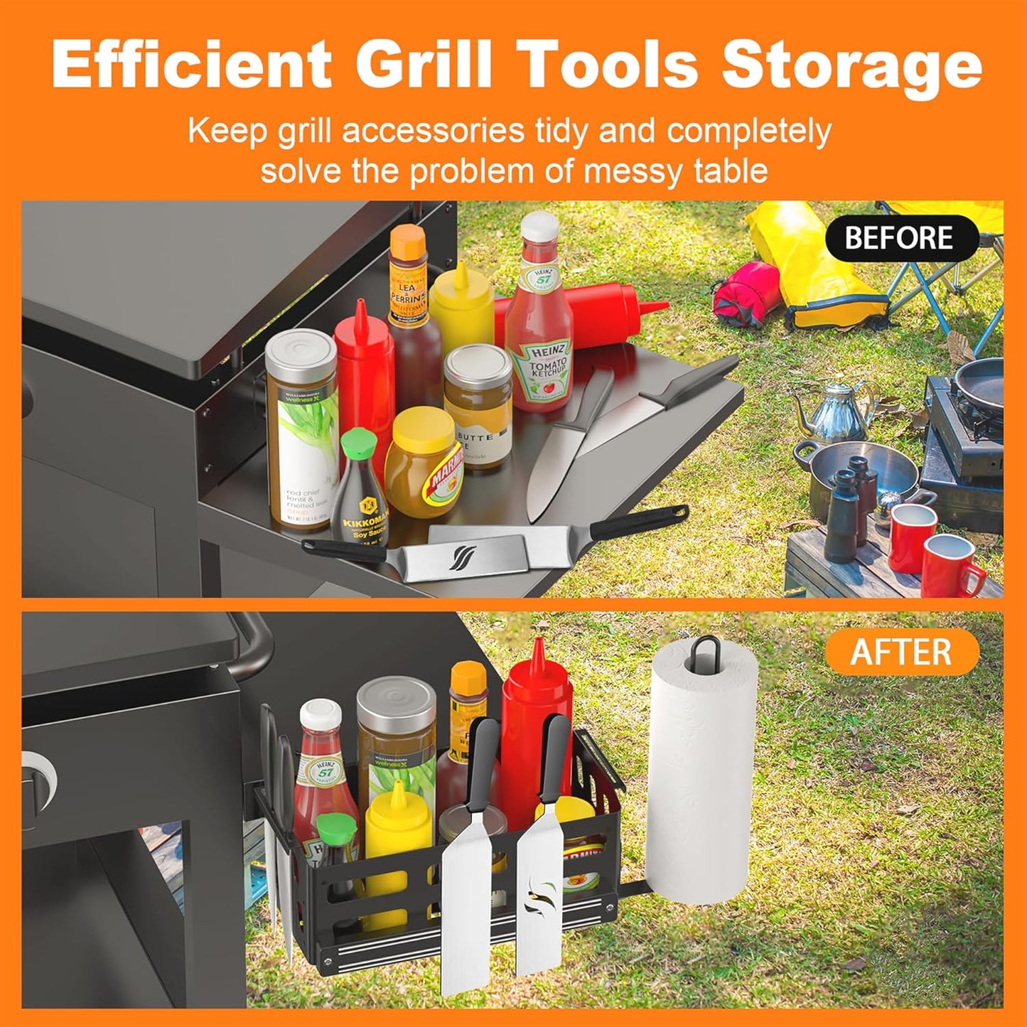 Griddle Caddy for Blackstone Griddles 28"/36"/Prep Cart, Blackstone Caddy with Squeeze Bottle, Blackstone Griddle Accessories Space Saver, BBQ Grill Storage Organizer with Magnetic Tool Holder