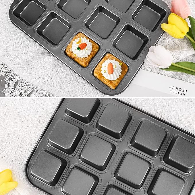 Beasea Brownie Pan with Dividers, 1 Set 12 Cavity All Edges Square Cupcake Brownie Pans Mini Cake Non Stick Baking Carbon Steel Bread Mold Small Edge 3x4 Individual Cutter Sheet Tray for Cookie Oven