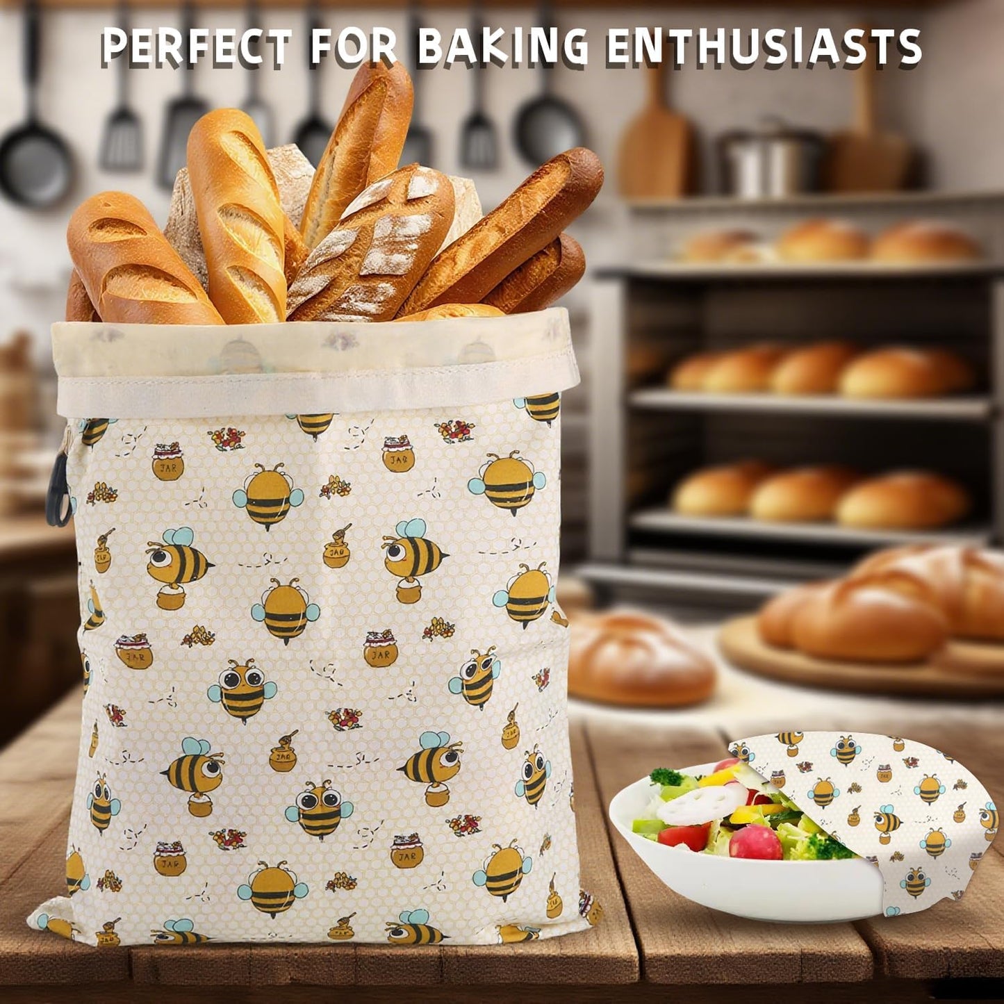 1 Large Beeswax Bread Bags for Homemade Bread Sourdough & 3 Beeswax Wraps, Easy to Clean Reusable Beeswax Breads Bags for Sourdough, 17 X 13 Inch Charming Honeybee Pattern Food Storage Bag