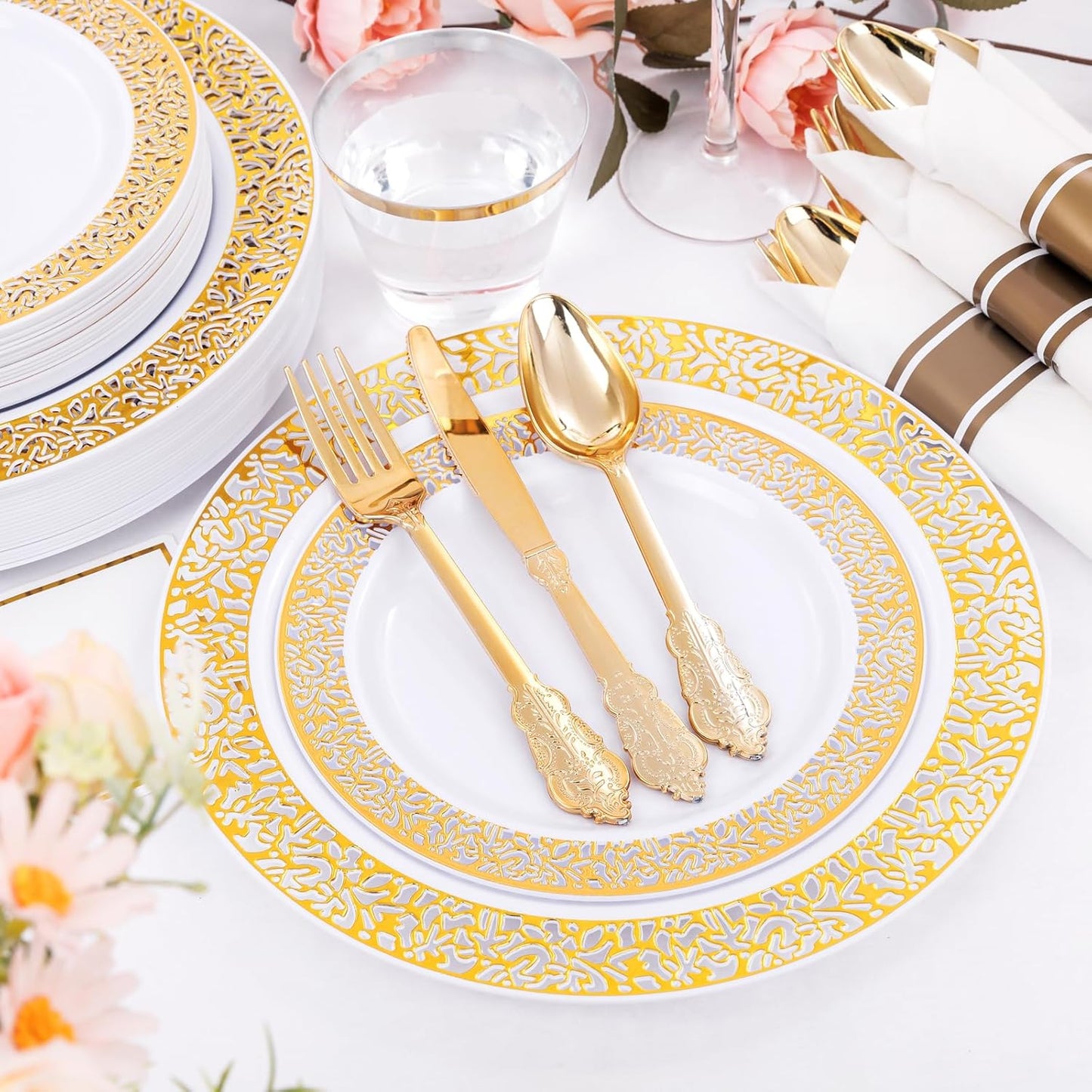 DaYammi 210 PCS Thanksgiving Gold Plastic Plates, Thanksgiving Plastic Dinnerware Sets, Includes: 30 Dinner Plates, 30 Salad Plates, 30 Pre Rolled Napkins with Gold Silverware and 30 Cups 9 OZ