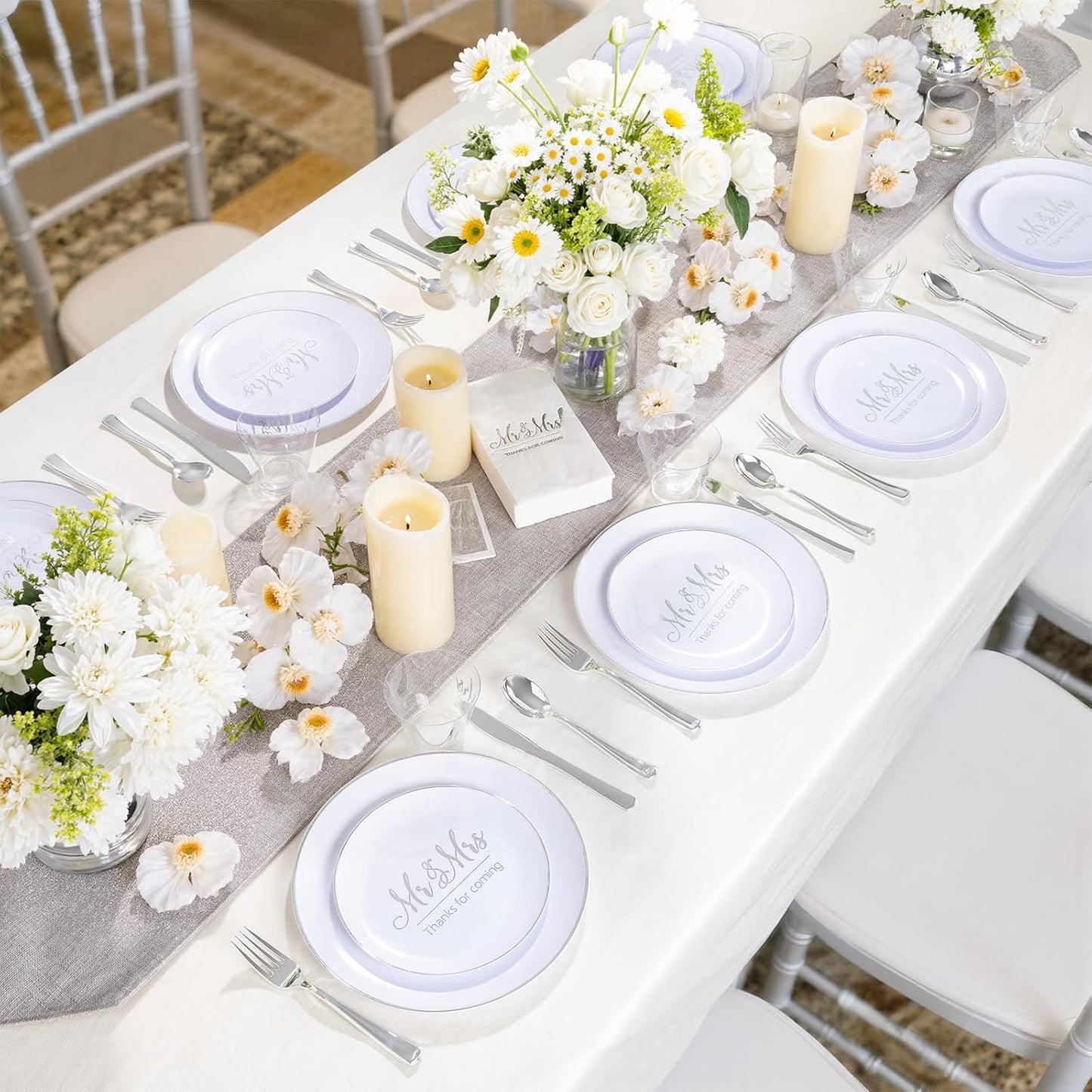 175 Mr and Mrs Silver Wedding Plastic Plates and Napkins Set,Bridal Shower Plates Set for 25 Guests Include 25Dinner Platos,25Dessert Platos,25Cups,25Napkins,25Gold Cutlery for Engagement Party Decor