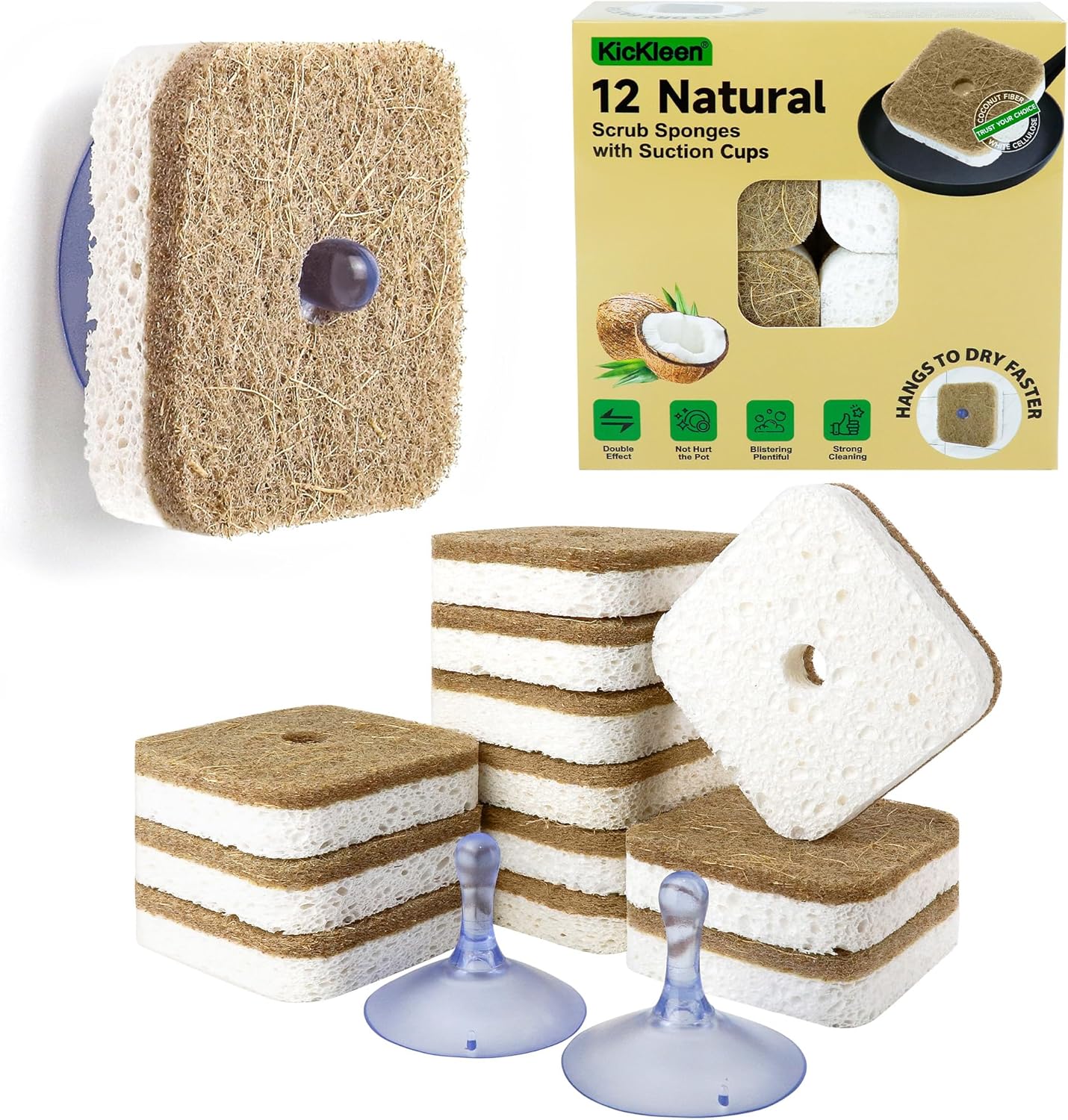 12Pack Kickleen Natural Kitchen Scrub Dish Sponge with Suction Hanger Biodegradable Compostable Cellulose and Coconut Non-Scratch Sponge for Kitchen, Bathroom, Household (White-12)