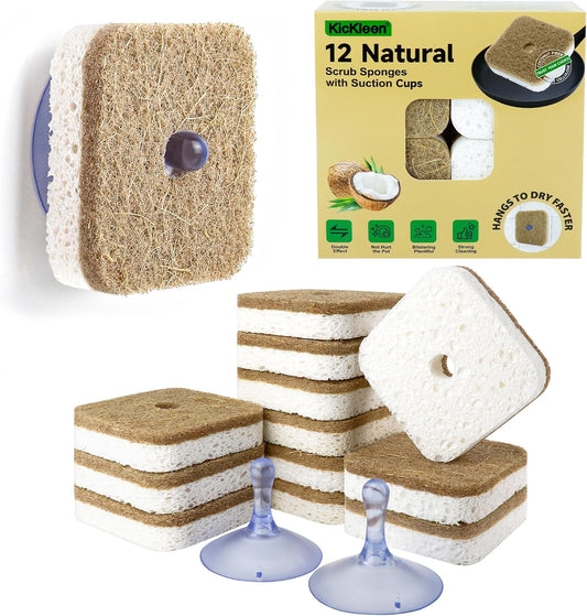 12Pack Kickleen Natural Kitchen Scrub Dish Sponge with Suction Hanger Biodegradable Compostable Cellulose and Coconut Non-Scratch Sponge for Kitchen, Bathroom, Household (White-12)