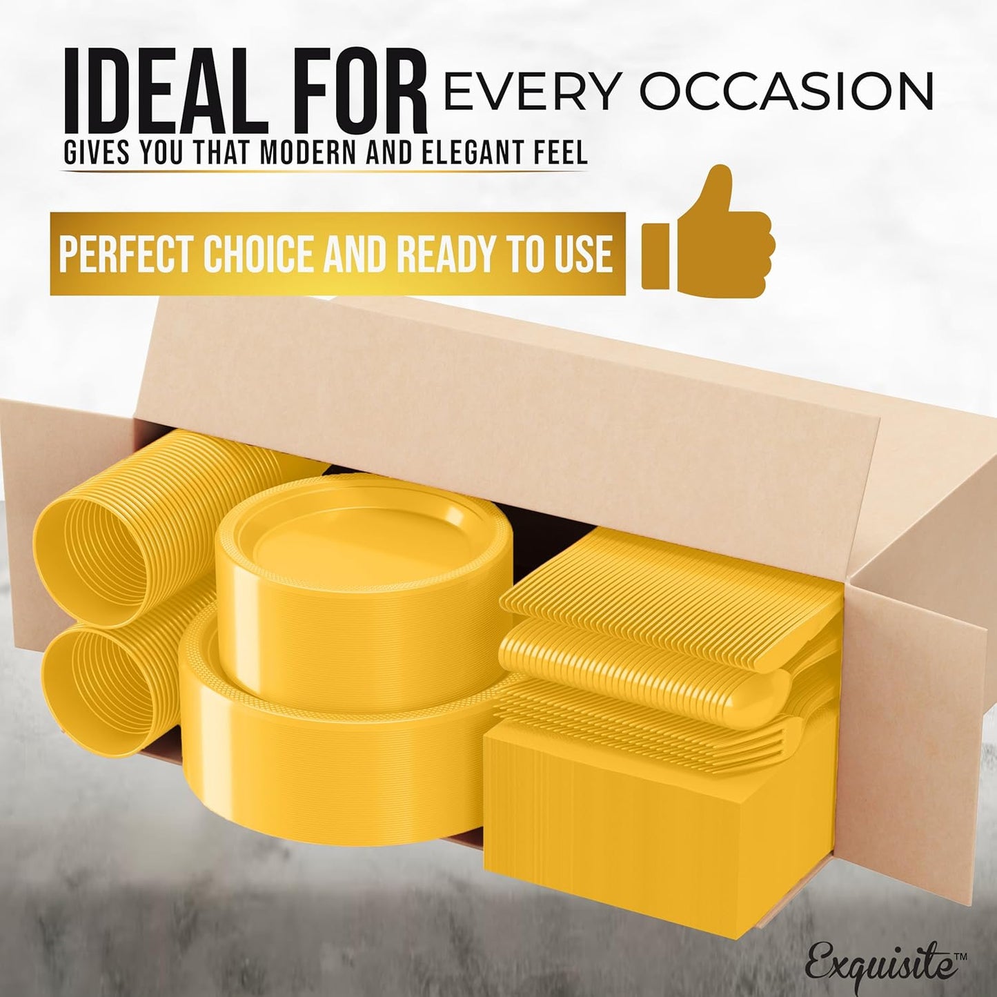 Party Solids 350 Pieces Yellow Plastic Plates For Party, Yellow Disposable Plates Set, 50 Of Each 9" Dinner Plate Set, 7" Dessert Plate, Cups, Napkins & Cutlery Plastic Dinnerware