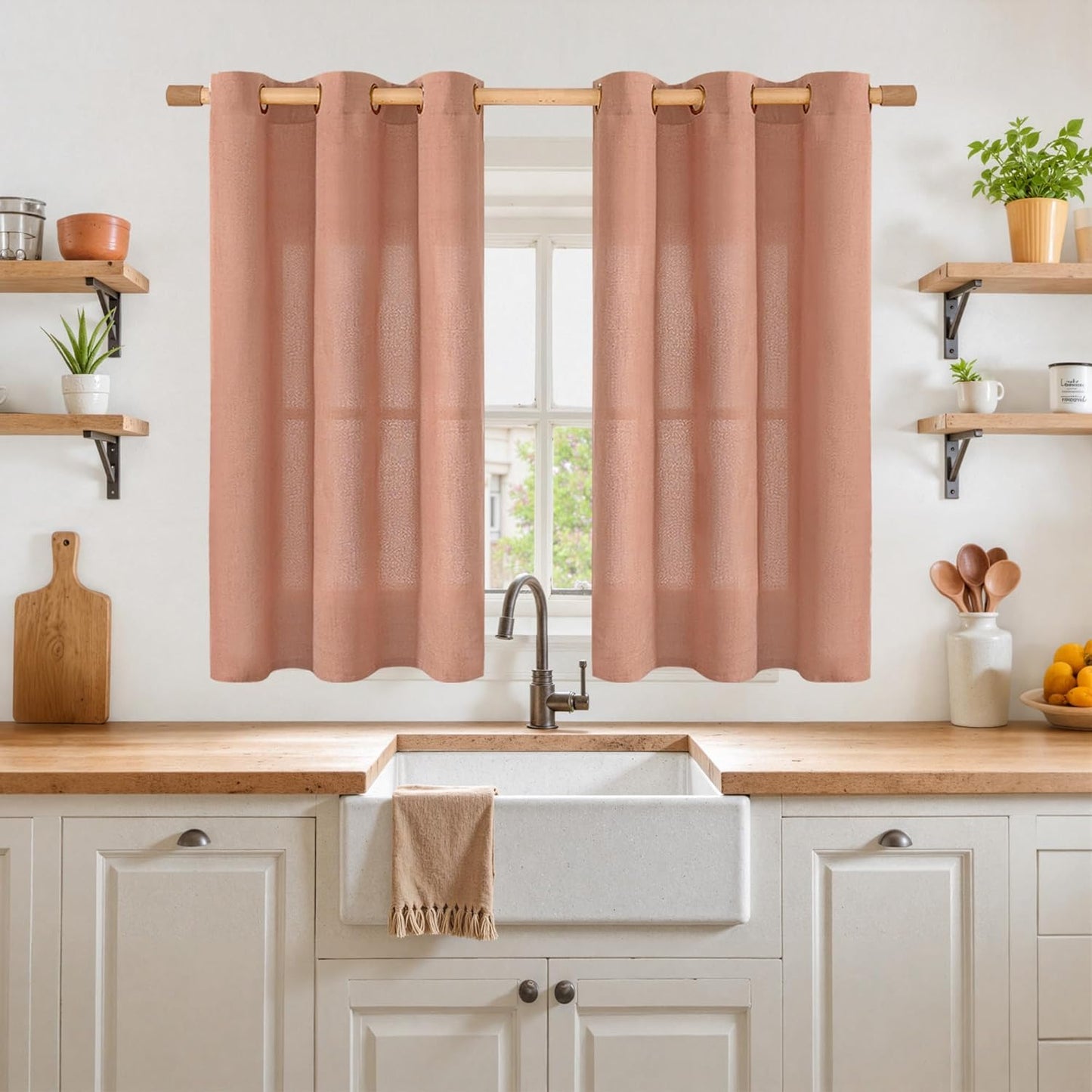 YoungsTex Terracotta Linen Curtains 45 Inch Length for Kitchen Window, Short Semi Sheer Window Drapes with Bronze Grommet Privacy Light Filtering for Living Room, 42 x 45 Inch, 2 Panels