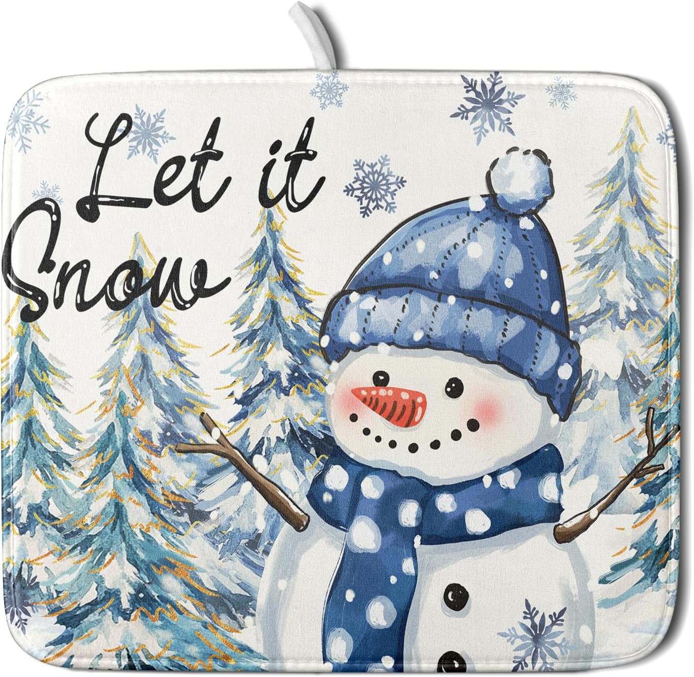 Hello Winter Dish Drying Mats 16x18 Inch, Xmas Holiday Snowman Pine Trees Snowy Seasonal Washable Microfiber Drainer Rack Absorbent Pad Kitchen Counter Coffee Bar Protector