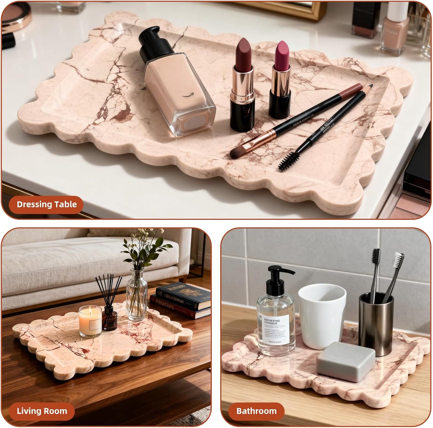 Yew & Tulip Natural Marble Vanity Tray with Scalloped Rim, Nature Rose Pink Luxury Stone Serving Tray for Bathroom, Kitchen, Vanity, Home Decor, Wedding etc. (12"x 8" x 0.6")