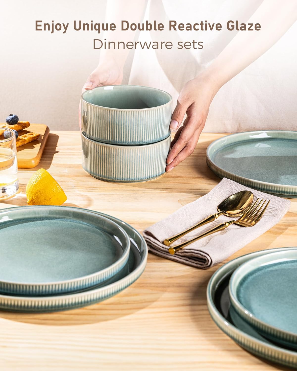 GBHOME Stoneware Dinnerware Sets for 4,Round Reactive Glaze Ceramic Plates and Bowls Set,Highly Scratch Resistant | Dishwasher & Microwave Safe Dishes Set,Service for 4(12Pcs)