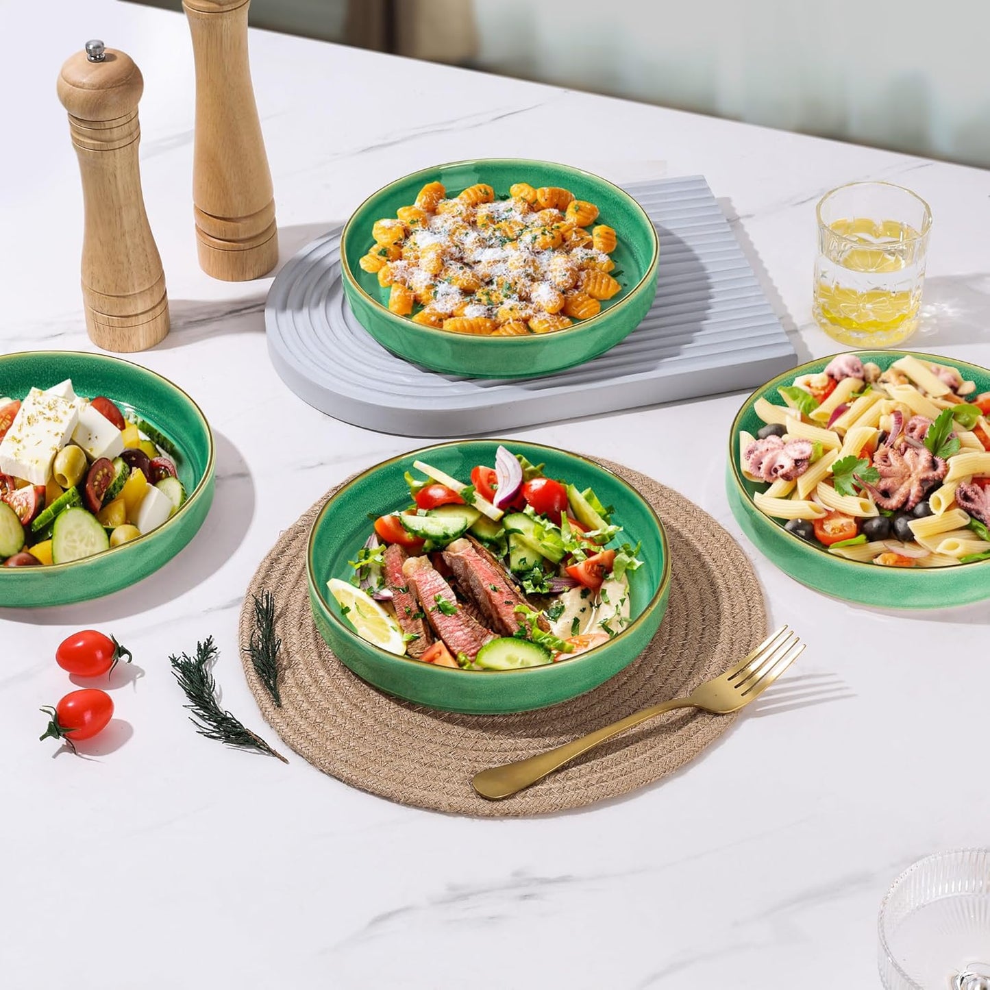 E-far Pasta Bowls Set of 4, 30oz Shallow Salad Bowls for Dinner Serving, 8.25" Stoneware Ceramic Bowl Plates for Noodle Soup, Microwave & Dishwasher Safe, Reactive Glaze, Green