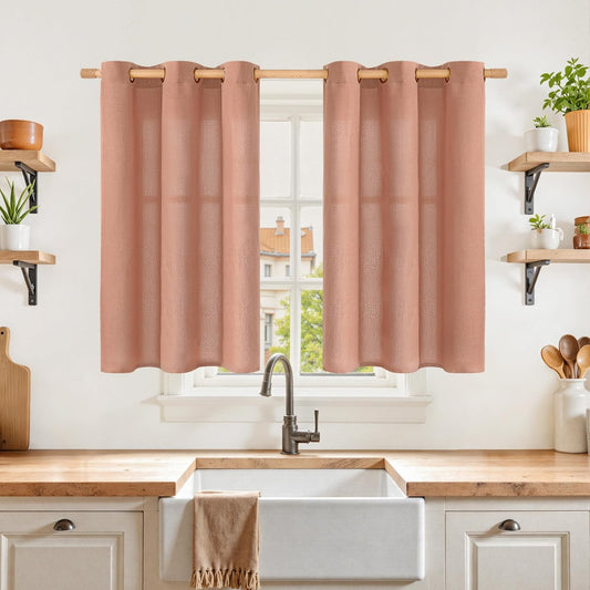 YoungsTex Linen Fall Kithchen Curtains 40 Inch Length, Short Light Filtering Drapes with Bronze Grommet Privacy for Bathroom Cafe Window, Terracotta, 42 x 40 Inch, 2 Panels
