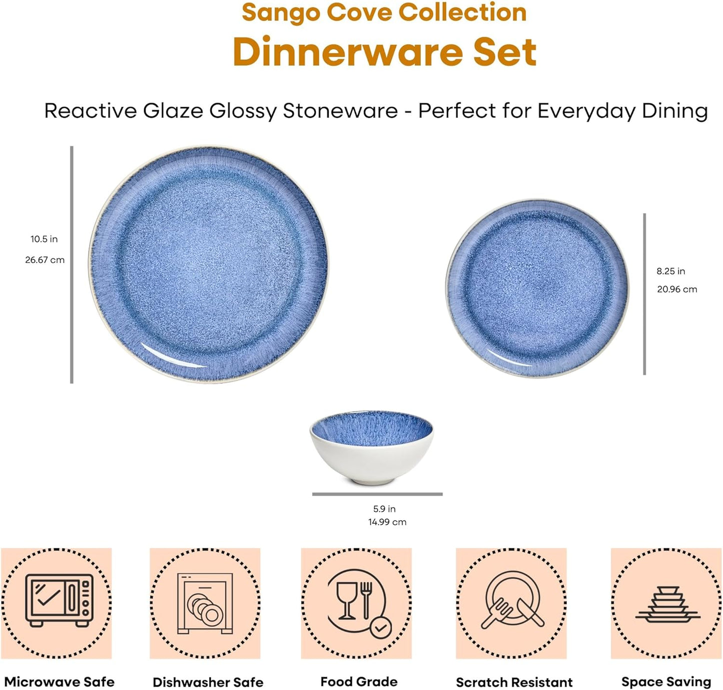 Sango 12-Piece Stoneware Dinnerware Set for 4, Light Blue Reactive Glaze on White Plates and Bowls Sets, Kitchen Ceramic Dish Set, Modern Dishes for Everyday Dining, Microwave & Dishwasher Safe, Cove