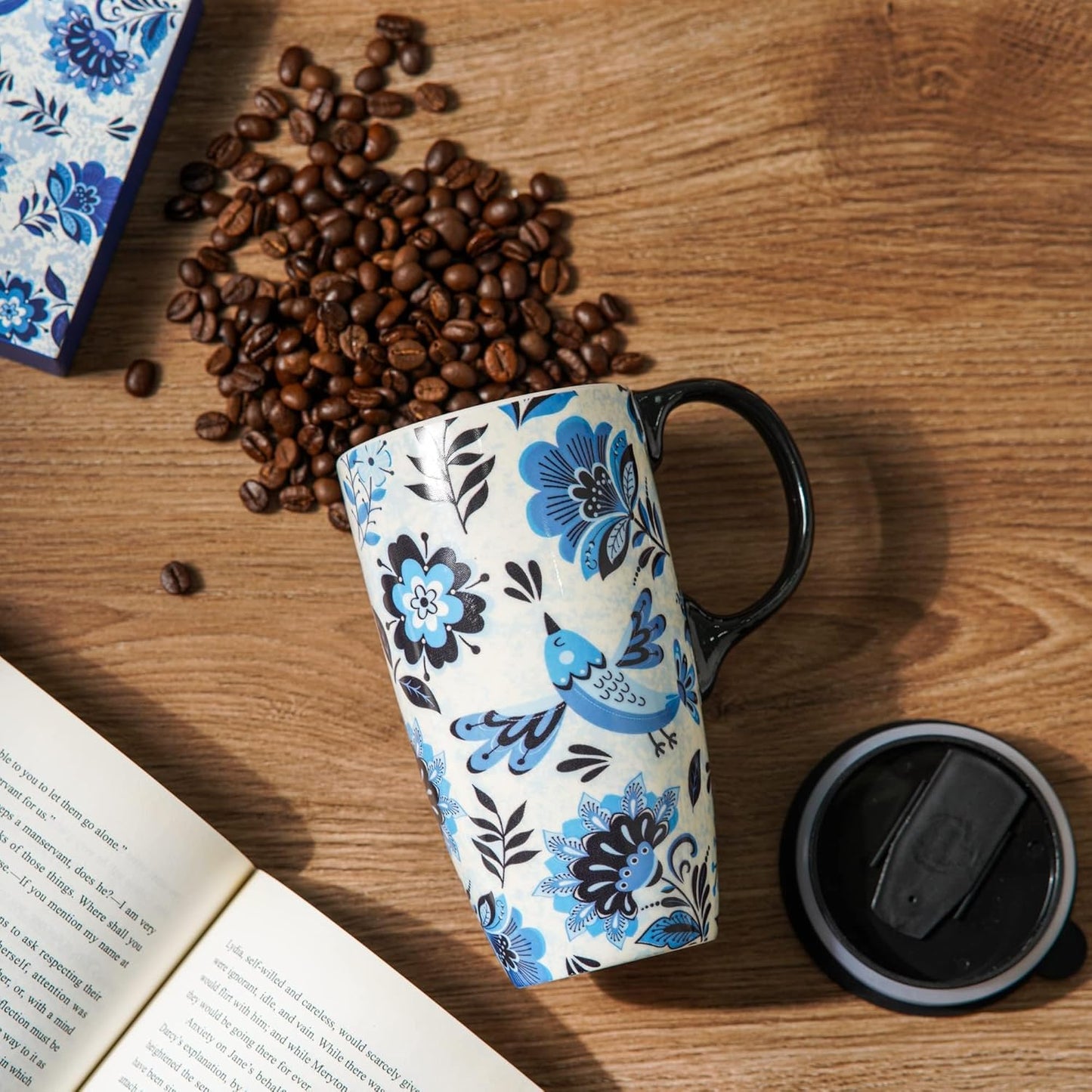 Topadorn Ceramic Coffee Mug Travel Cup with Lid and Color Box,17oz Microwave & Dishwasher Safe Coffee Tumbler, Blue Bird