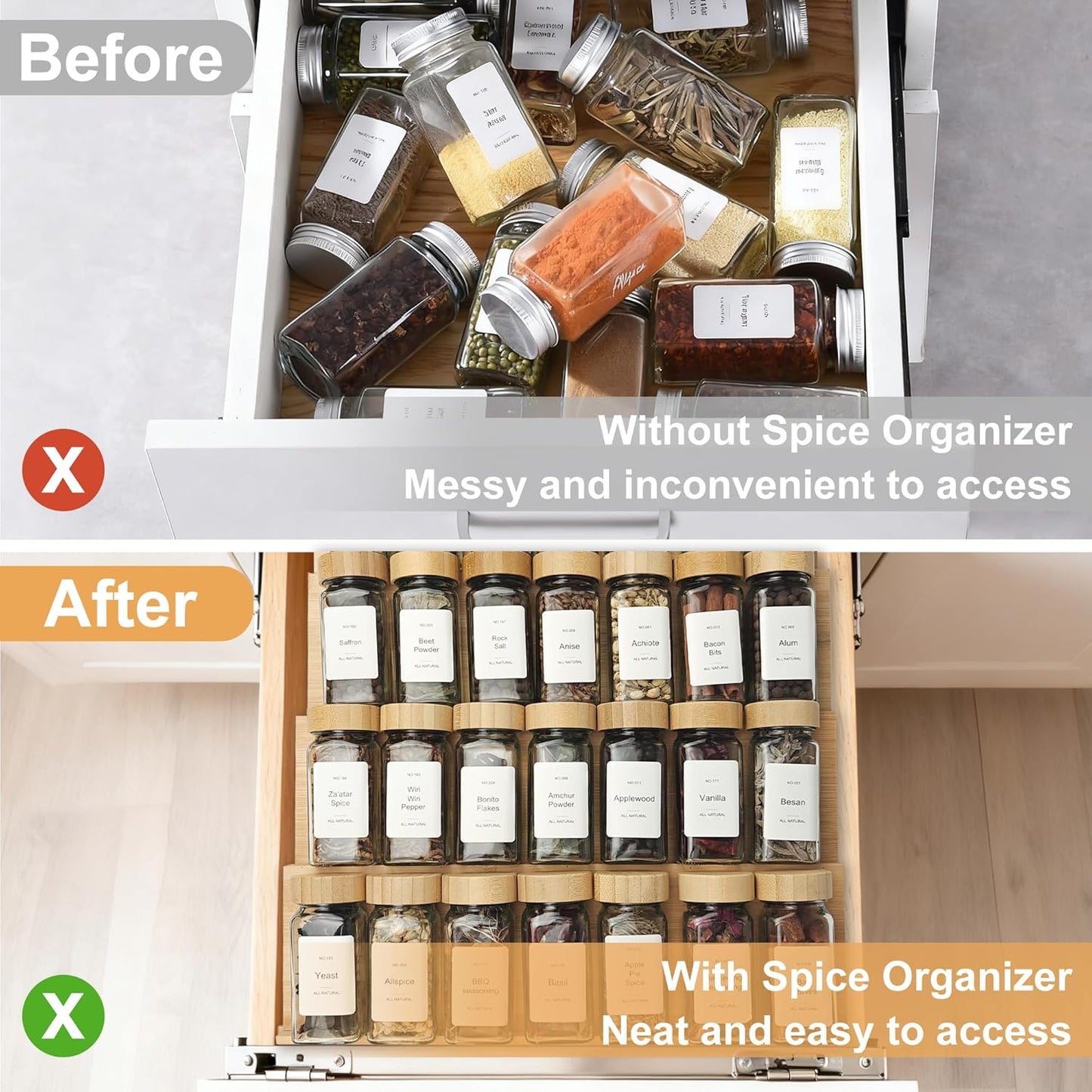 Spice Drawer Organizer with 28 Bamboo-lidded Spice Jars,216 Labels,25 Non-slip Rubber, Bamboo 4 Tier Seasoning Rack Tray Insert for Kitchen Drawers,Cabinets,Countertop,14.6" Wide x 15.8" Deep