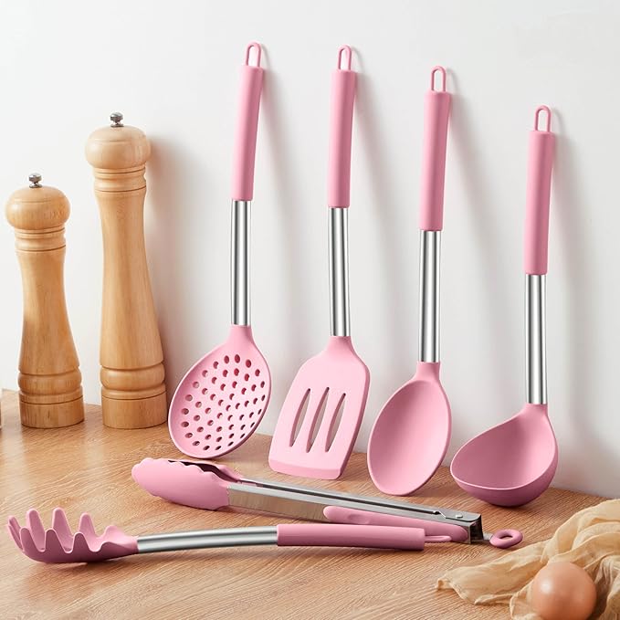 LIANYU Silicone Kitchen Utensils Set of 6, Cooking Utensils Spatula Set for Nonstick Cookware, Heat Resistant Kitchen Gadgets Tools, Stainless Steel Handle, Pink