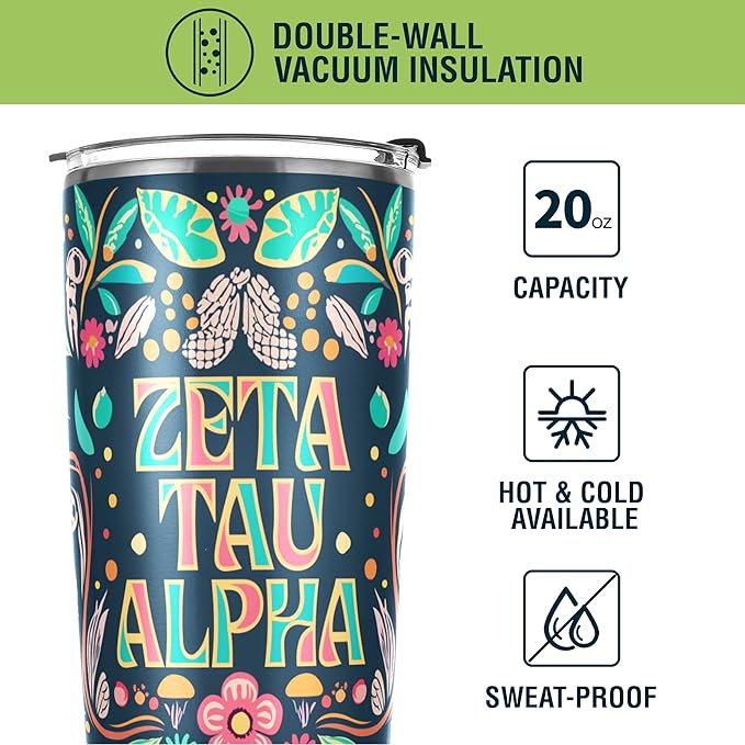 Zeta Tau Alpha Paraphernalia Officially Licensed - 20 oz Stainless Steel Insulated Sublimation Tumbler - Colorful