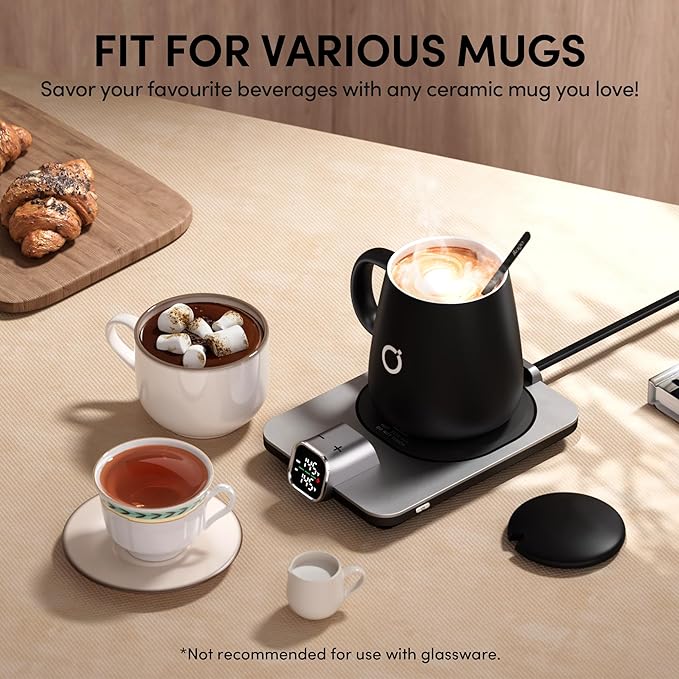 2Pcs Heated Coffee Mug Warmer & Mug Set - Heated Mug Warmer Plate with Auto Shut Off, 1°F Precise Electric Coffee Warmer Plate for Desk, Cool Valentine's Day Gift for Couple Women and Men