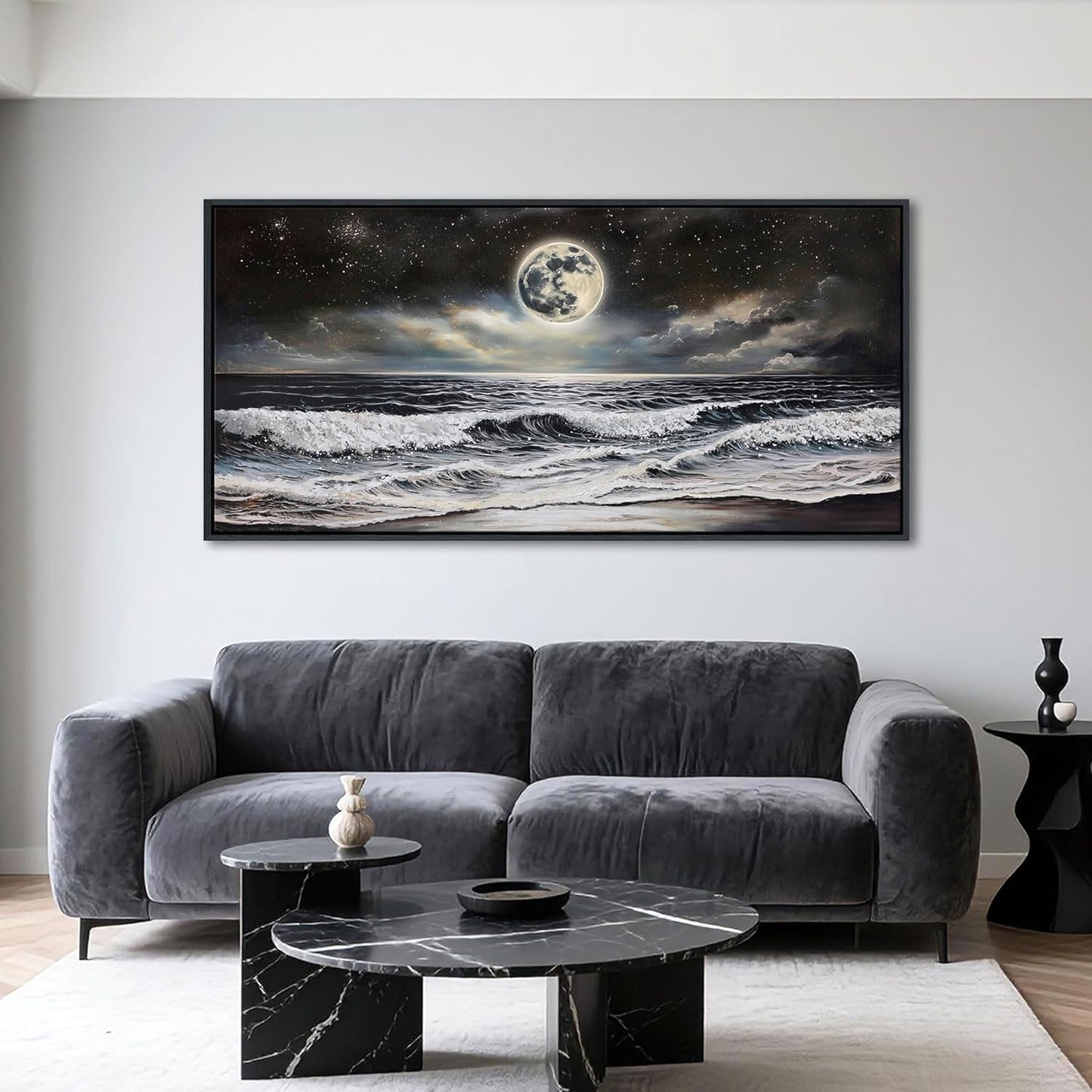 QZQCBLC Large Wall Art Bedroom, Black and White Sea Beach Canvas Wall Pictures, Waves Moon Starry Clouds Coast Paintings Artwork for Living room Home Office Artwork Framed Decor 29x58 IN