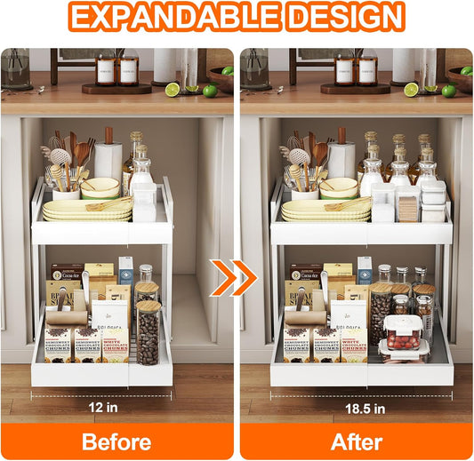 Golener Pull Out Cabinet Organizer - 2-Tier Slide Out Expandable Drawers for Kitchen Cabinets, Bathroom Organizers and Storage, Under Sink Organizer for Kitchen Storage Organization, White Metal Frame