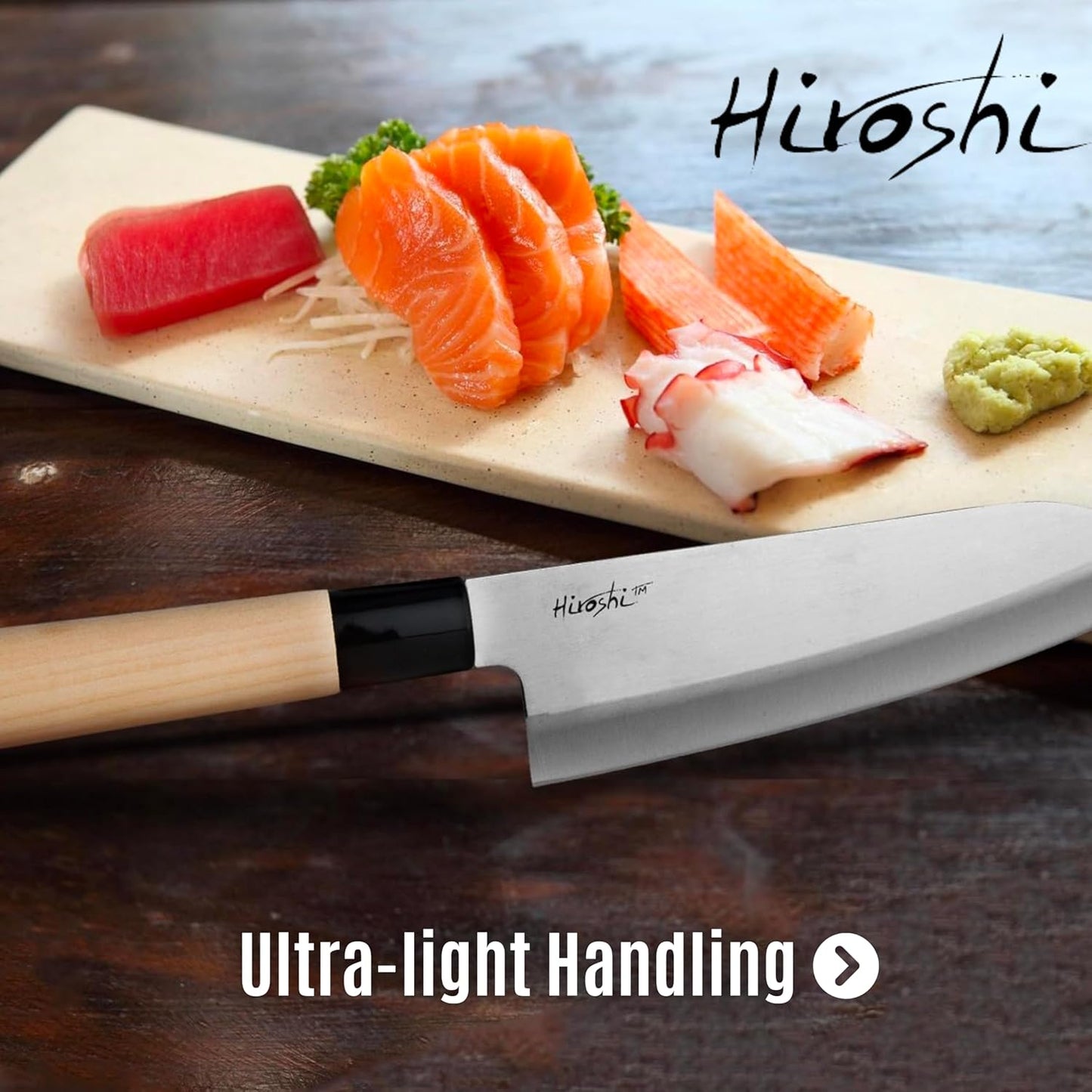 HIROSHI Sushi & Sashimi Knife Set – 4-Piece High Carbon Stainless Steel Japanese Chef Knives with Beech Wood Handle – Professional Kitchen Knife Set for Precision Cutting