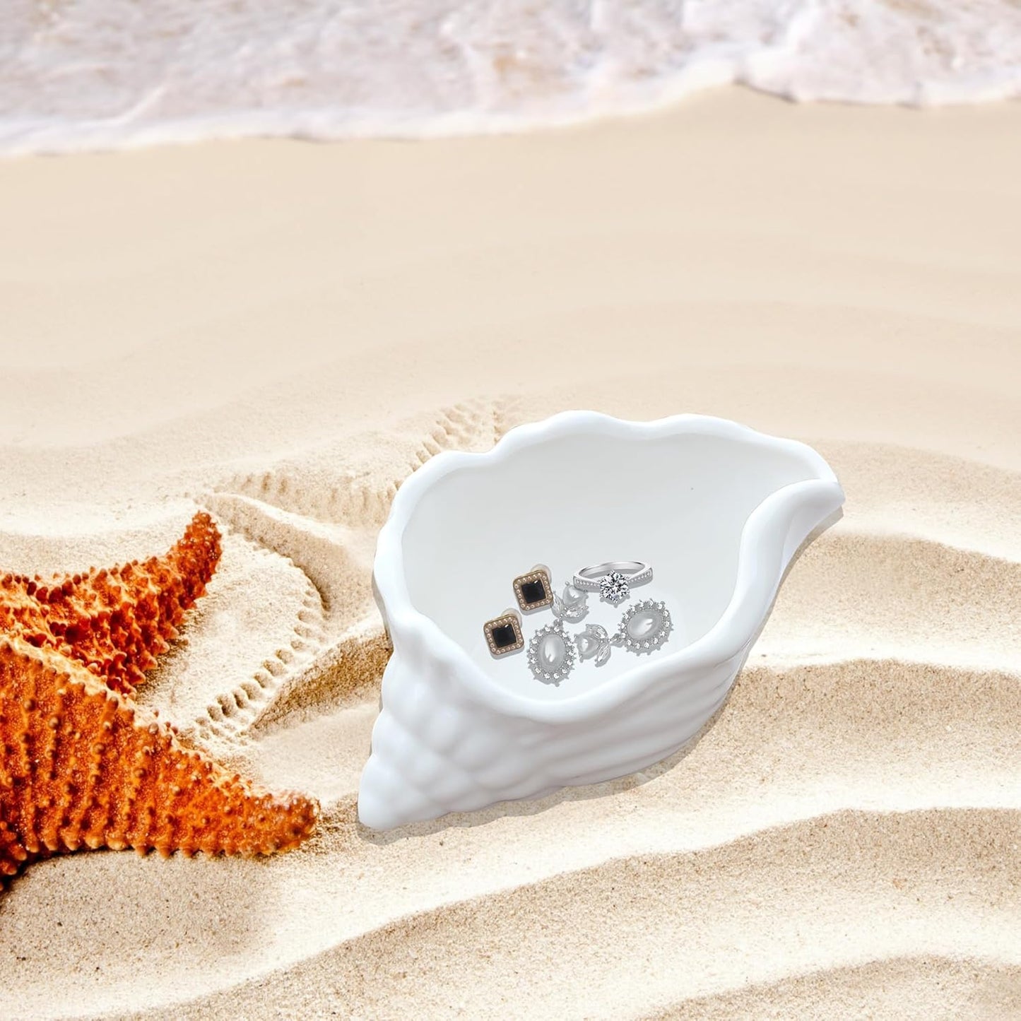 Ceramic Conch Shell Jewelry Tray - White Shell Jewelry Holder - Trinket Dish - Earring Ring Dish Holder - Key Bowl - Christmas Room - Ocean Coastal Decor