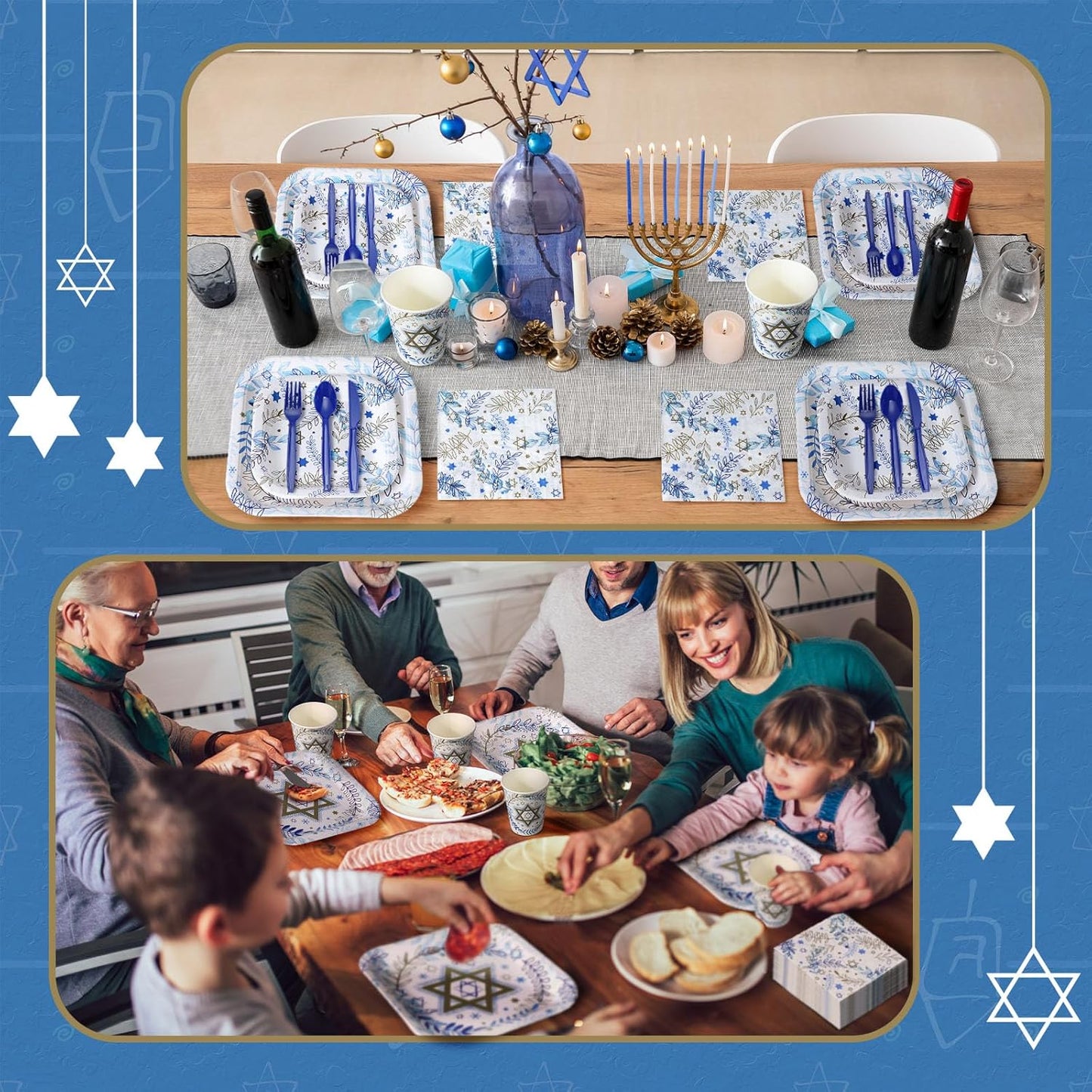 350 Pcs Paper Plates and Napkins Set Disposable Dinnerware Party Supplies Tableware Serve 50 Guest Cups Knife Forks Spoon(Blue, Gold and White,Hanukkah)