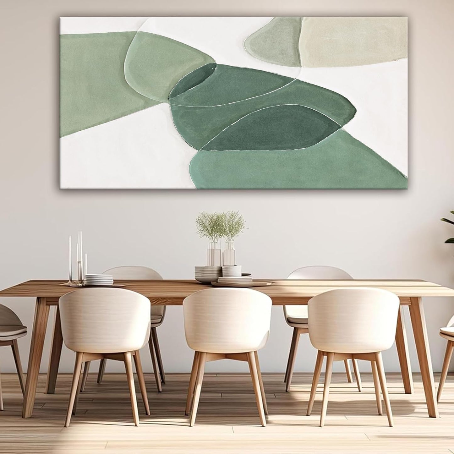 QSQ Modern Wall Art Large Green And White Geometric Color Block Line Wall Painting Artwork Canvas Simple Picture Textured Artwork For Living Room Bedroom Office Home Decor 29"X 58"