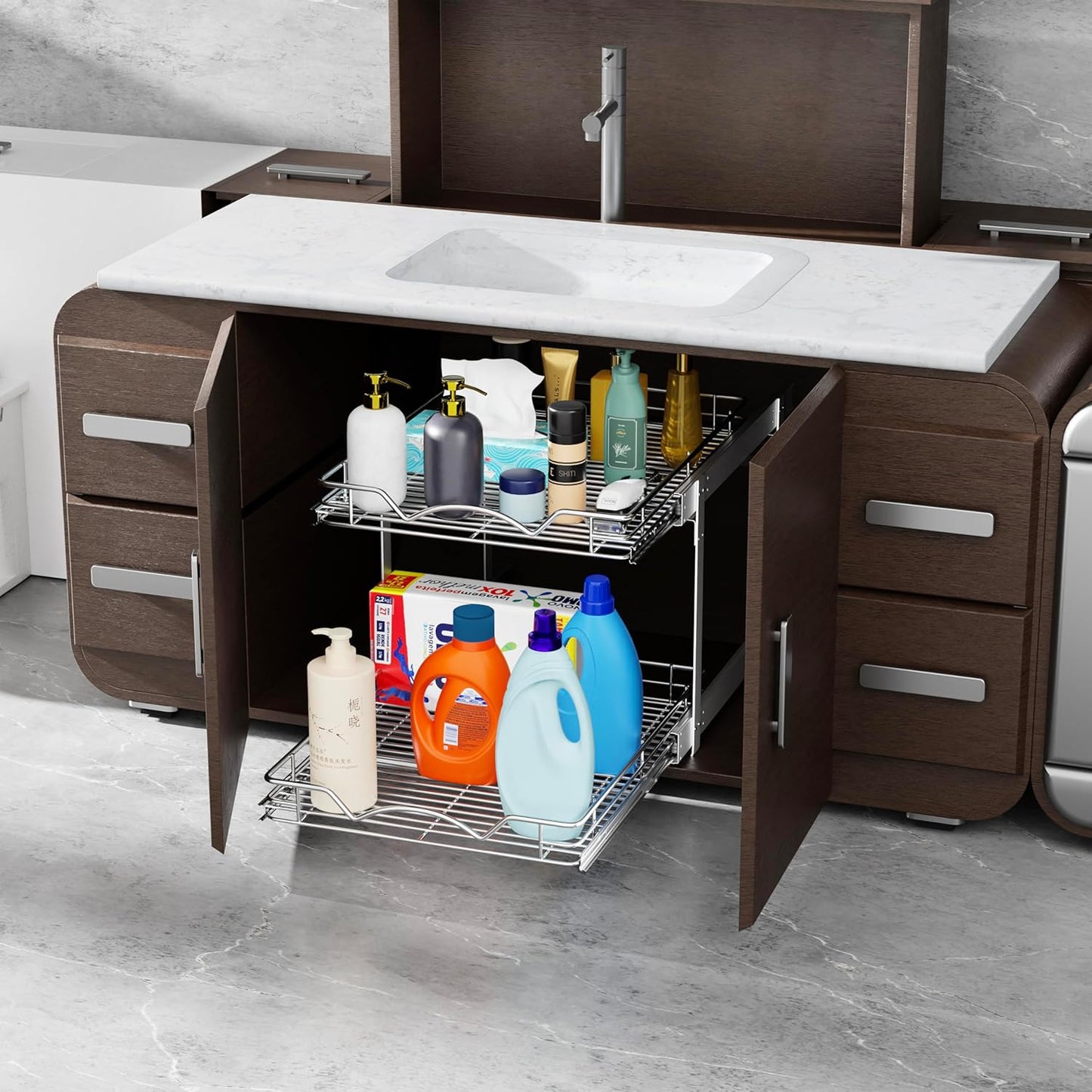 HOLDN’ STORAGE Two Tier Pull Out Cabinet Organizer, Individual Sliding Drawers - Heavy Duty Metal with Lifetime Limited Warranty - Anti Rust Chrome Finish - 8" W x 21”D x 16.5" H
